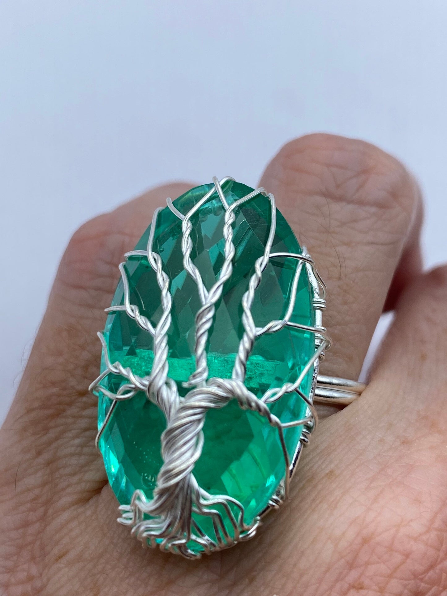 Vintage Green Antique Glass Tree of Life Cocktail Ring