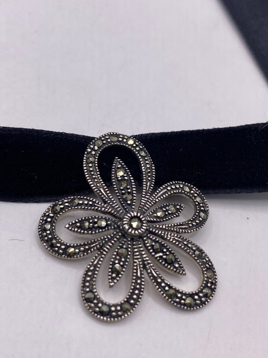 Vintage Marcasite Rose Choker 925 Sterling Silver Pendant Necklace
