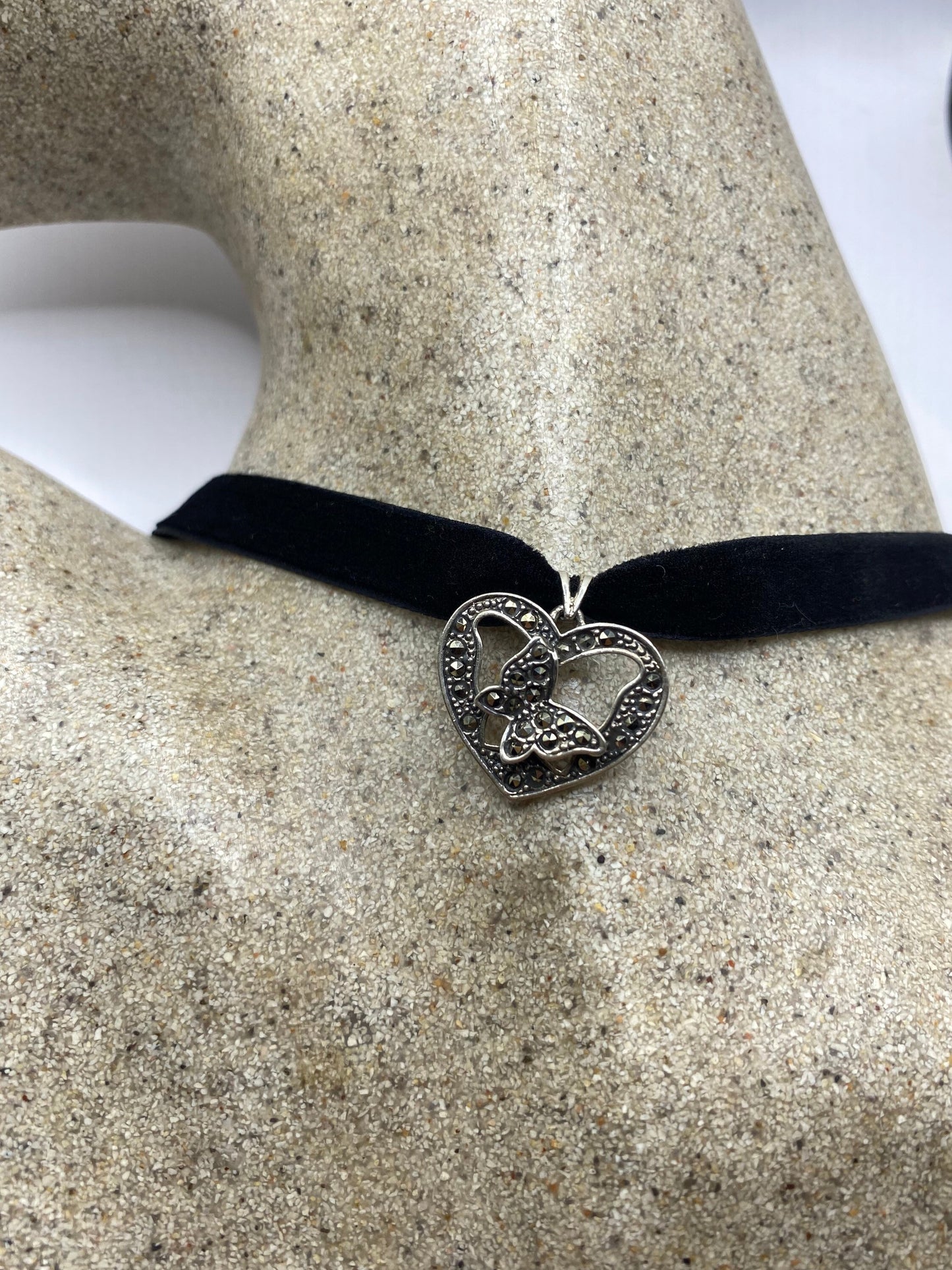 Vintage Heart Butterfly Choker 925 Sterling Silver Marcasite Pendant