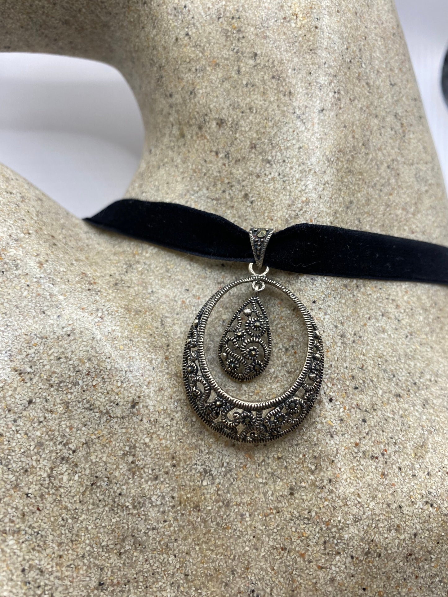 Vintage Marcasite Choker 925 Sterling Silver Pendant Necklace