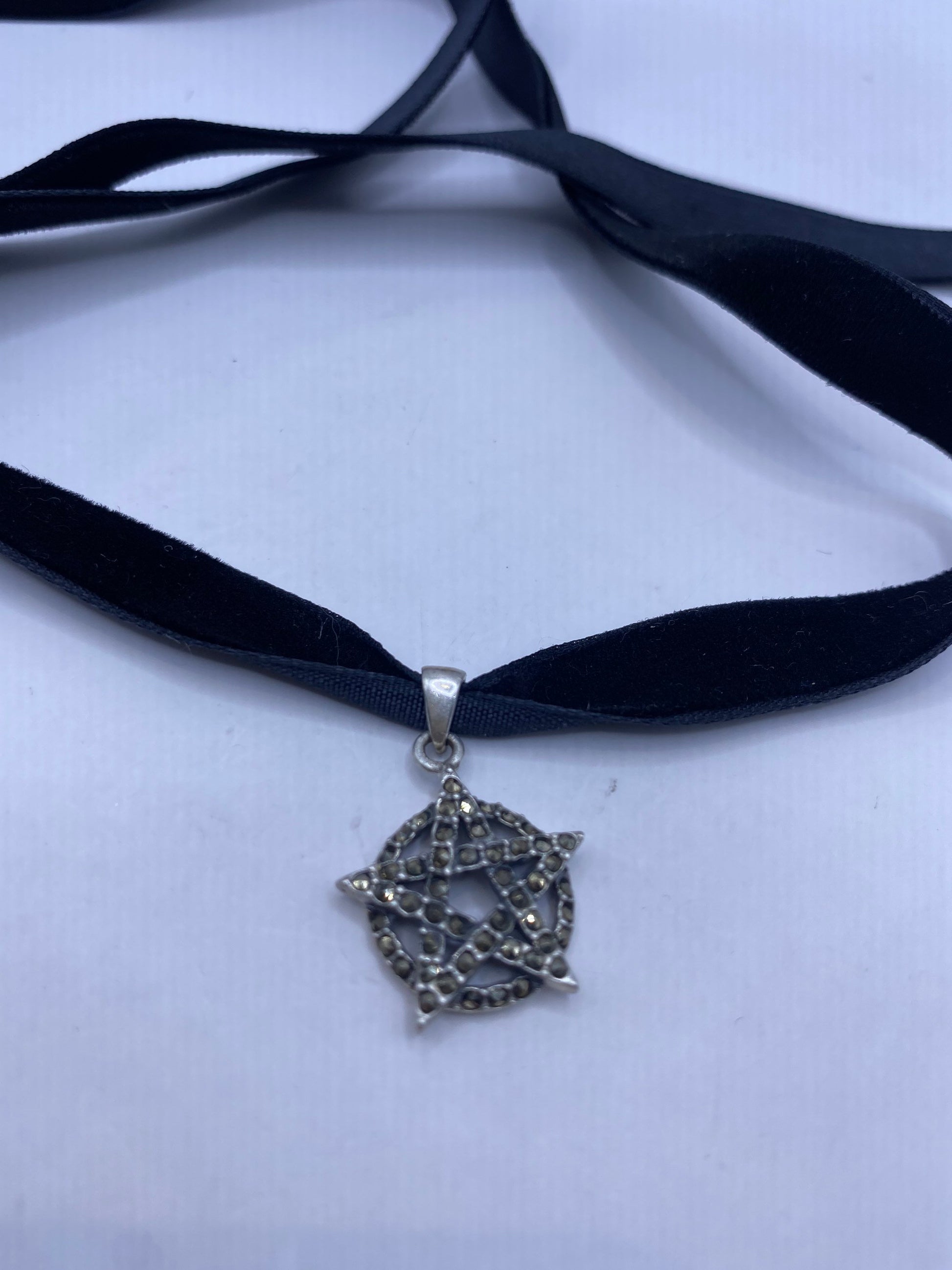 Vintage Star Choker 925 Sterling Silver Marcasite pentagle Pendant Necklace