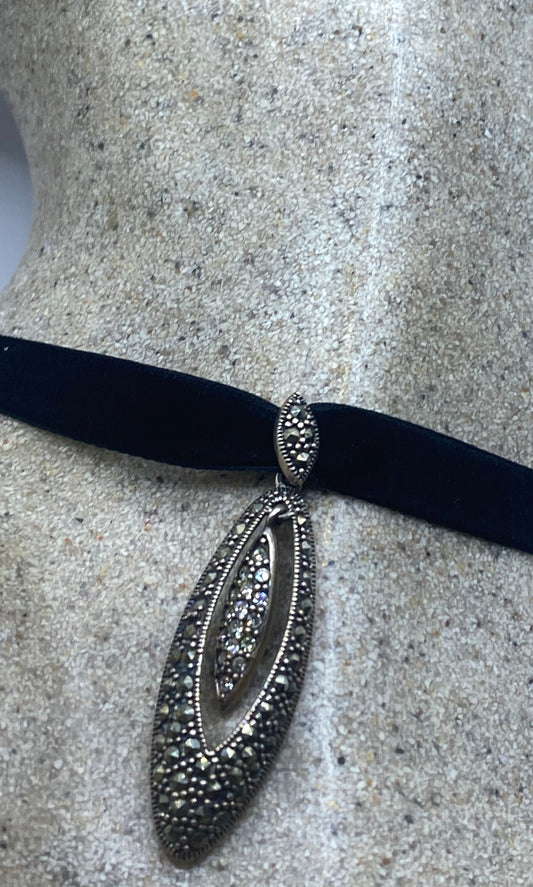 Vintage Marcasite 925 Sterling Silver Pendant Necklace
