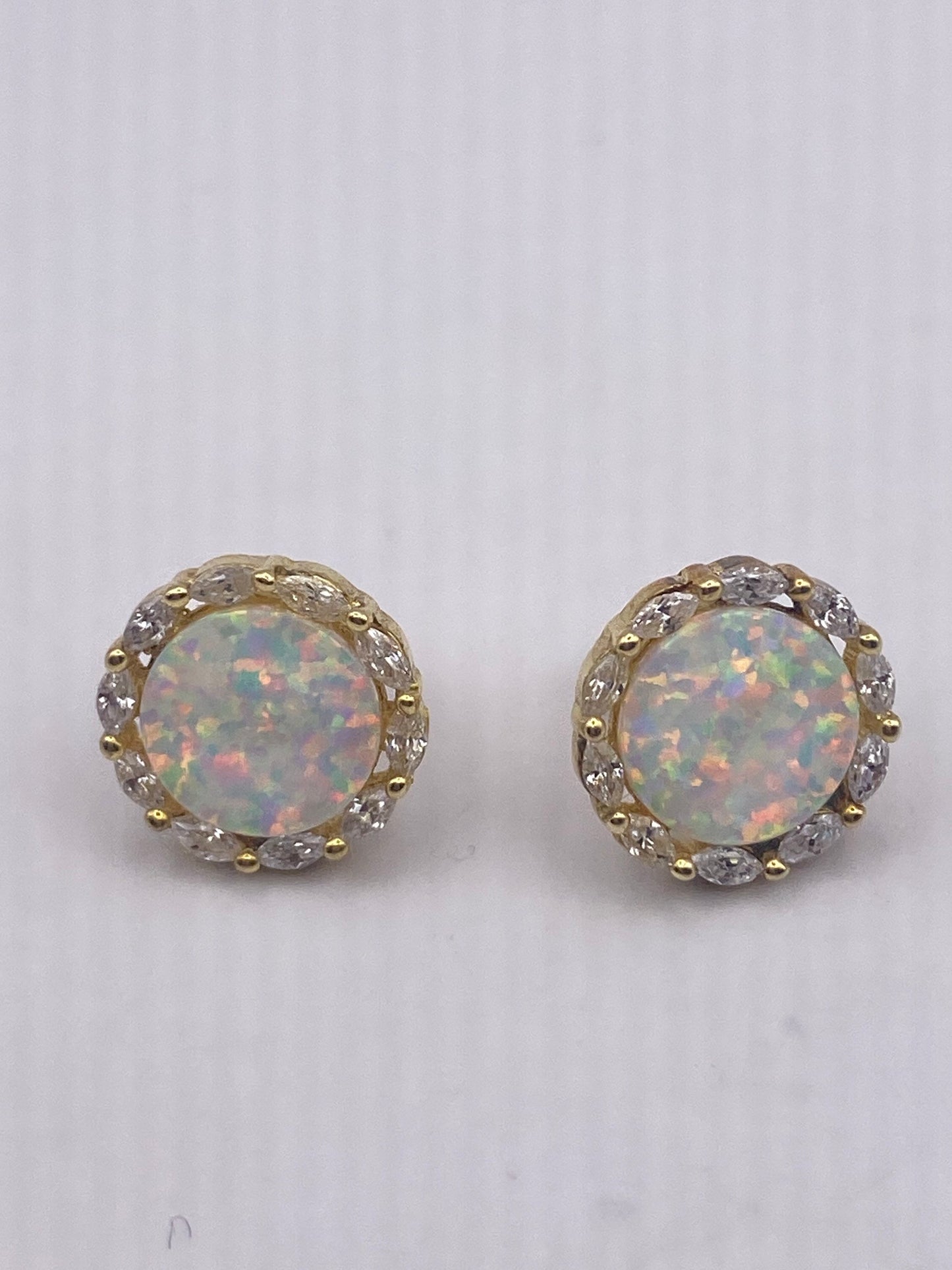 Vintage White Opal Earrings golden 925 Sterling Silver Stud Button