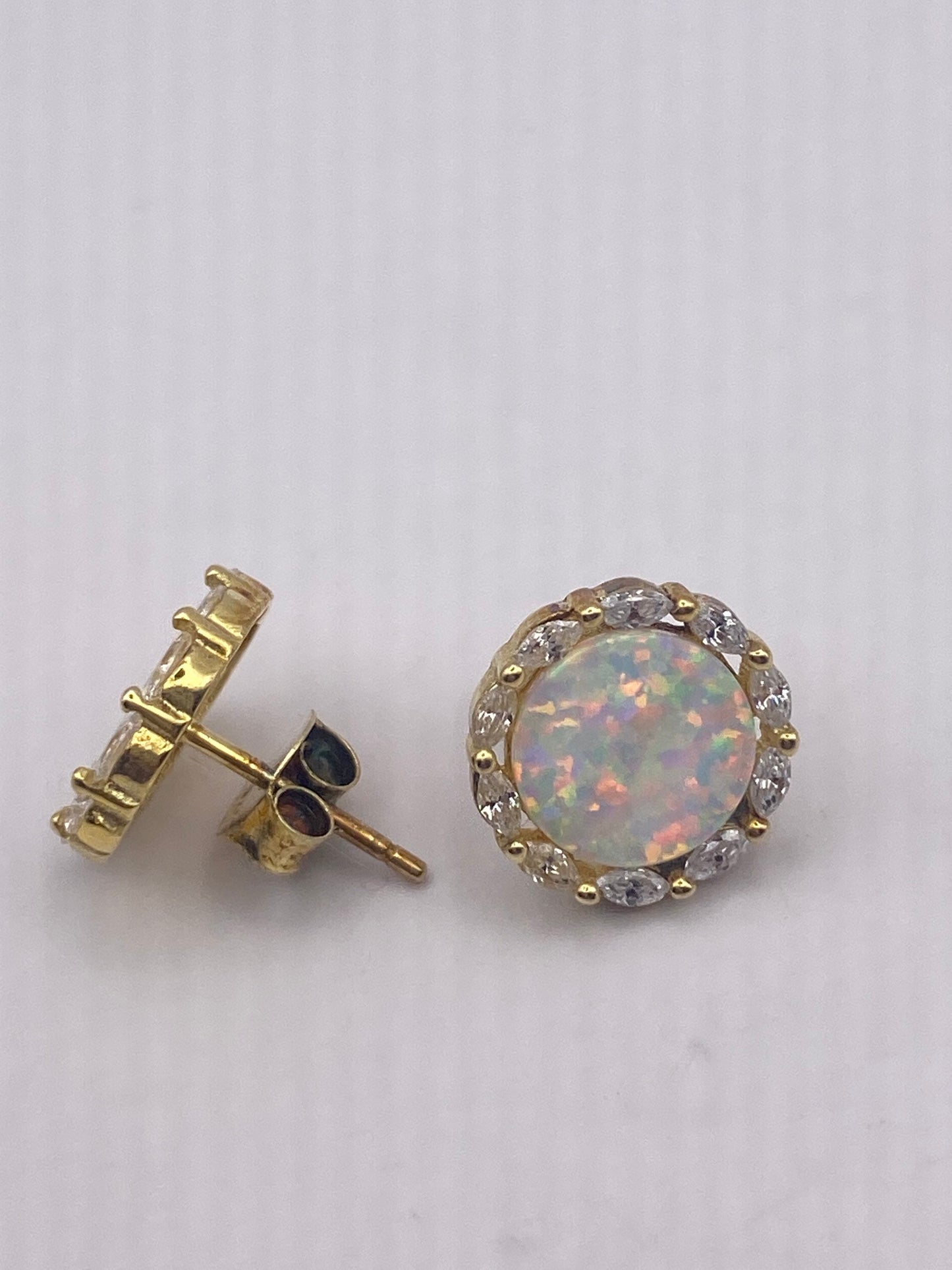 Vintage White Opal Earrings golden 925 Sterling Silver Stud Button