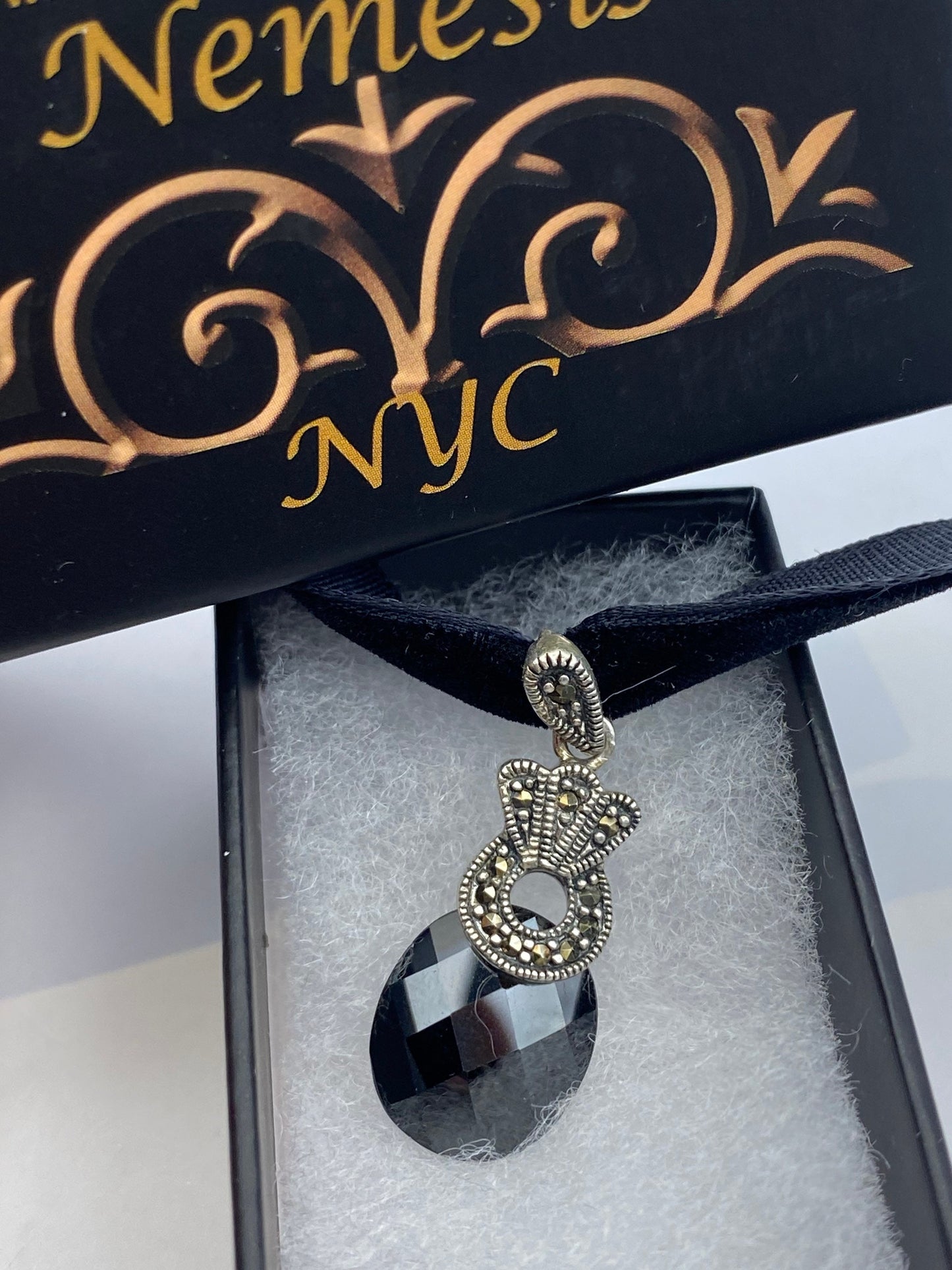 Vintage Marcasite Choker 925 Sterling Silver Black Onyx Pendant Necklace