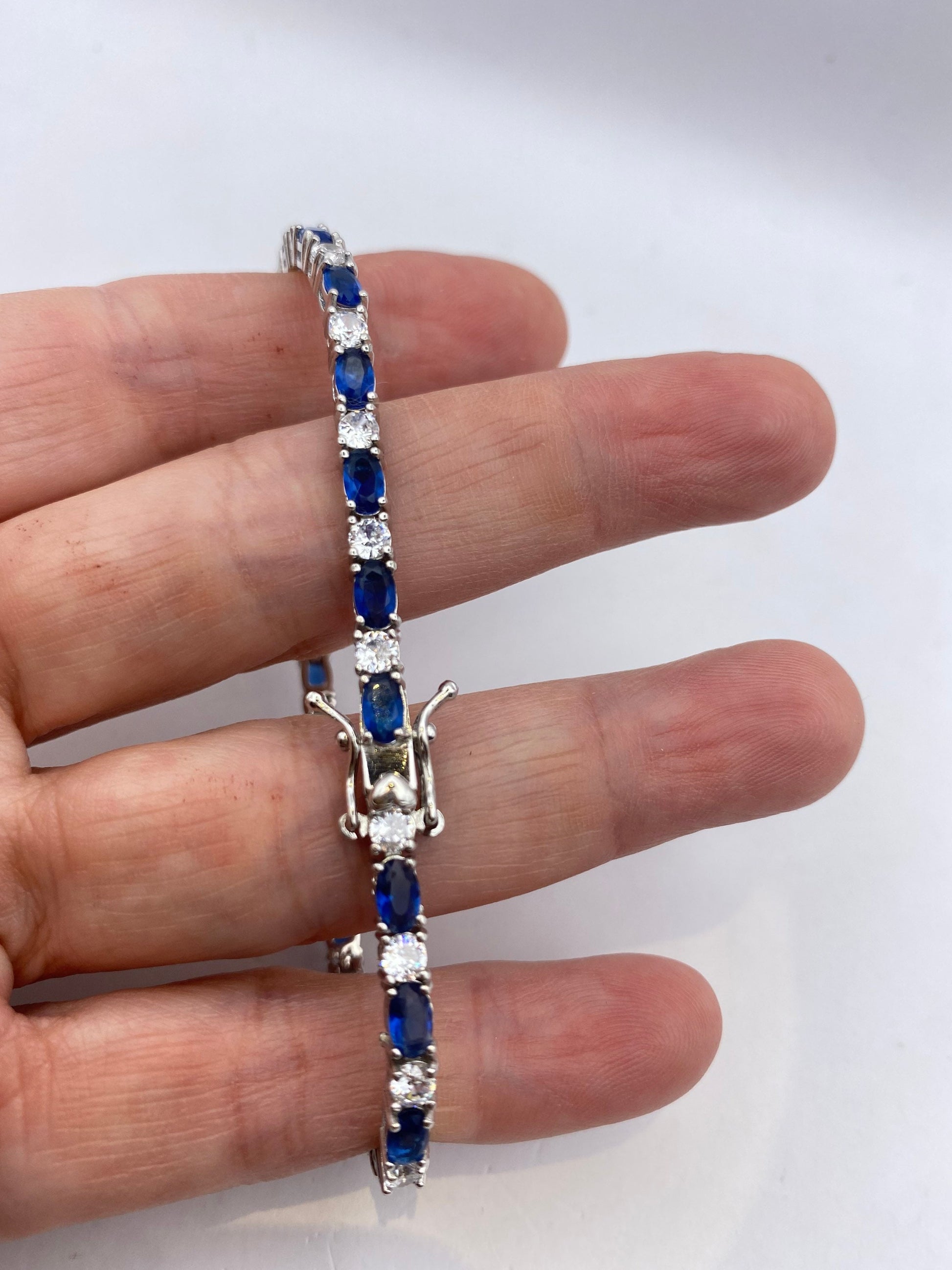 Vintage Blue Iolite Heart 925 Sterling Silver Tennis Bracelet
