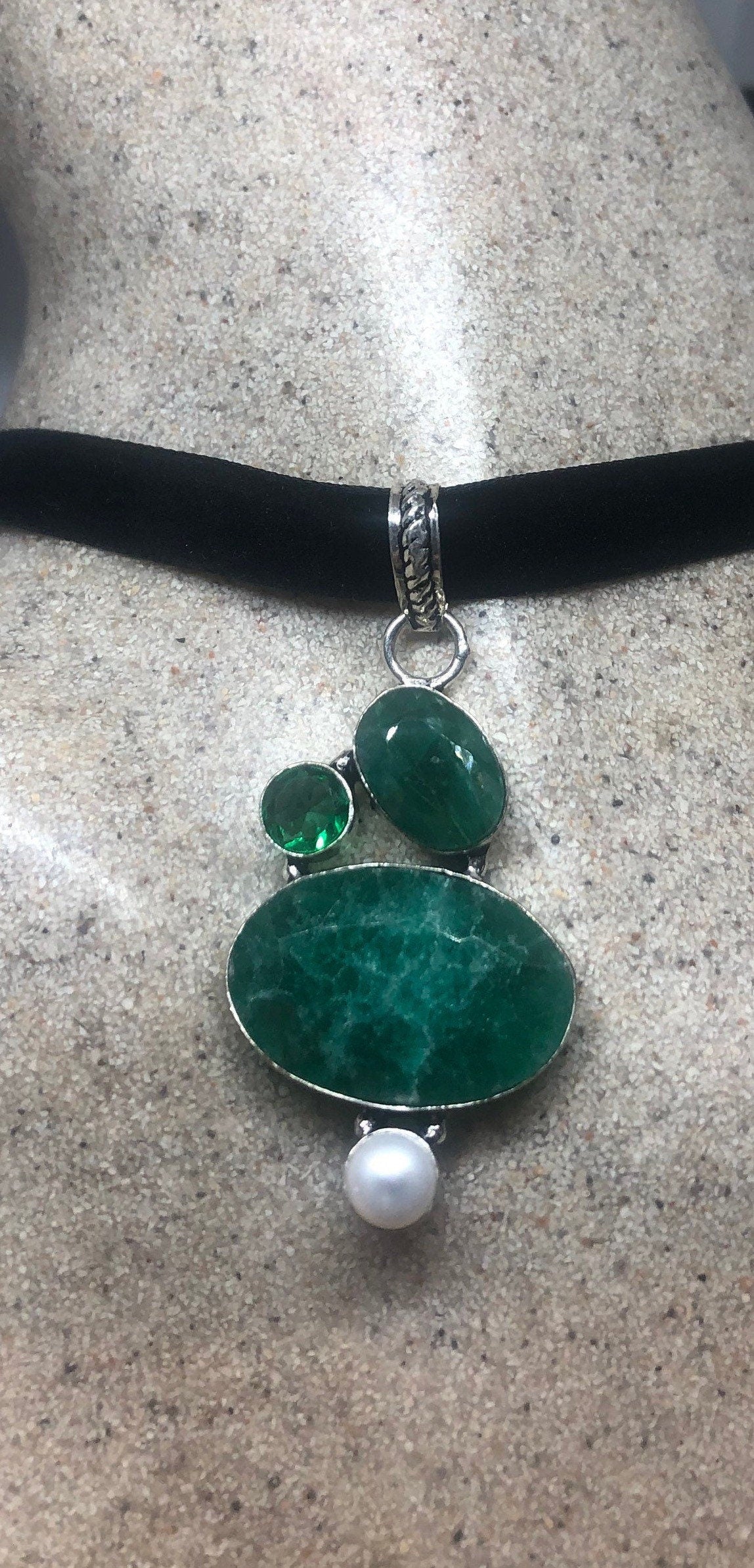 Vintage Green Raw Emerald Crystal Choker Pendant