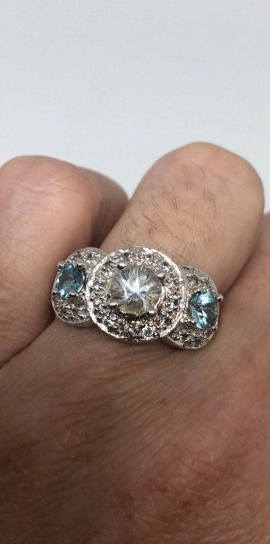 Vintage White Sapphire Blue Topaz 925 Sterling Silver Ring