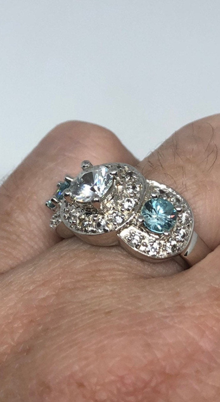 Vintage White Sapphire Blue Topaz 925 Sterling Silver Ring
