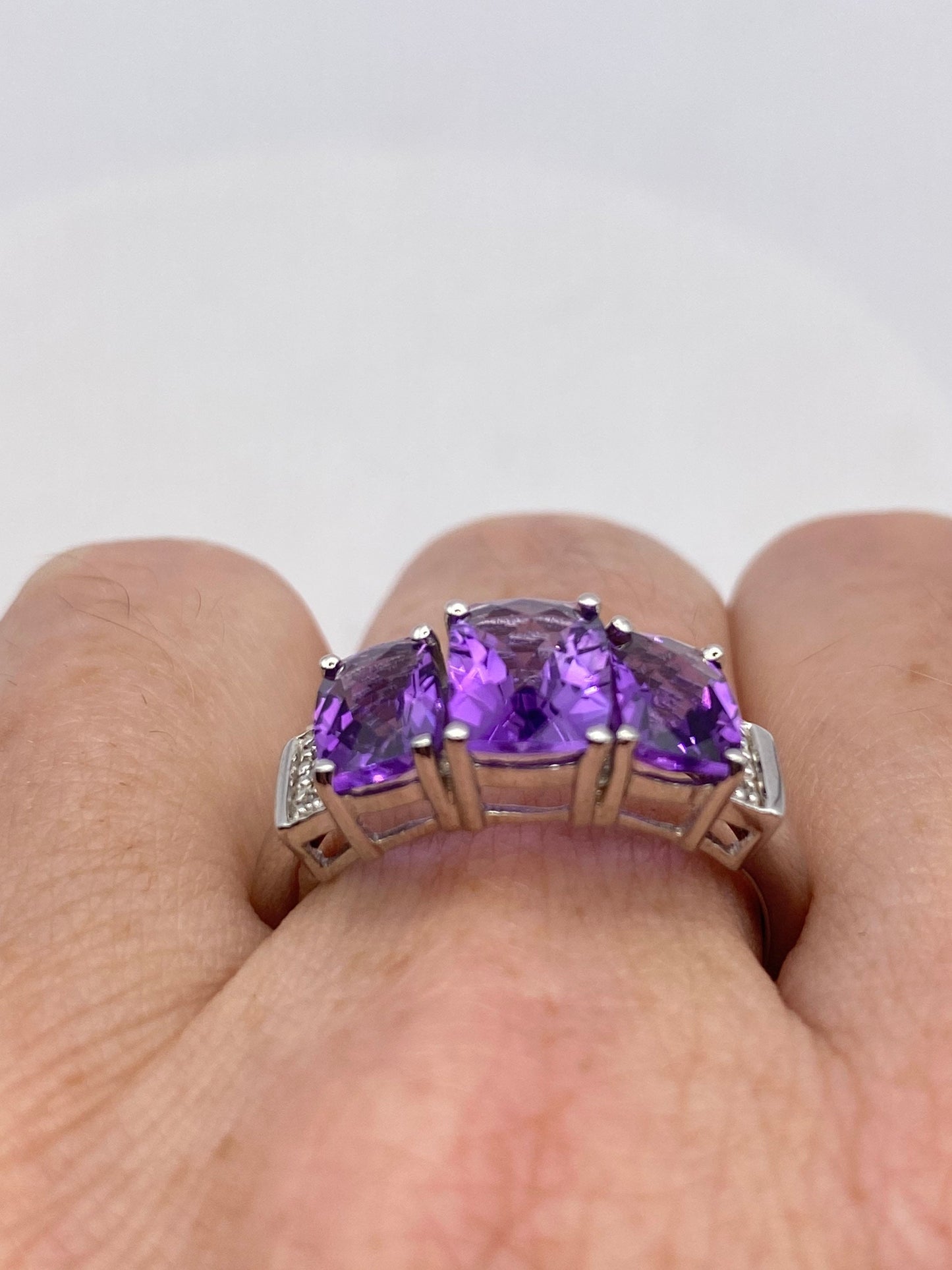 Vintage Purple Amethyst and Diamond Ring Deco 925 Sterling Silver
