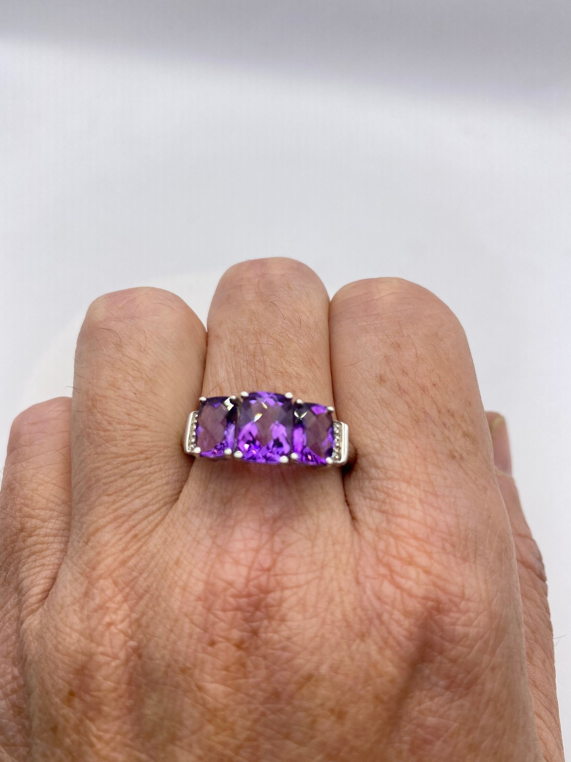 Vintage Purple Amethyst and Diamond Ring Deco 925 Sterling Silver
