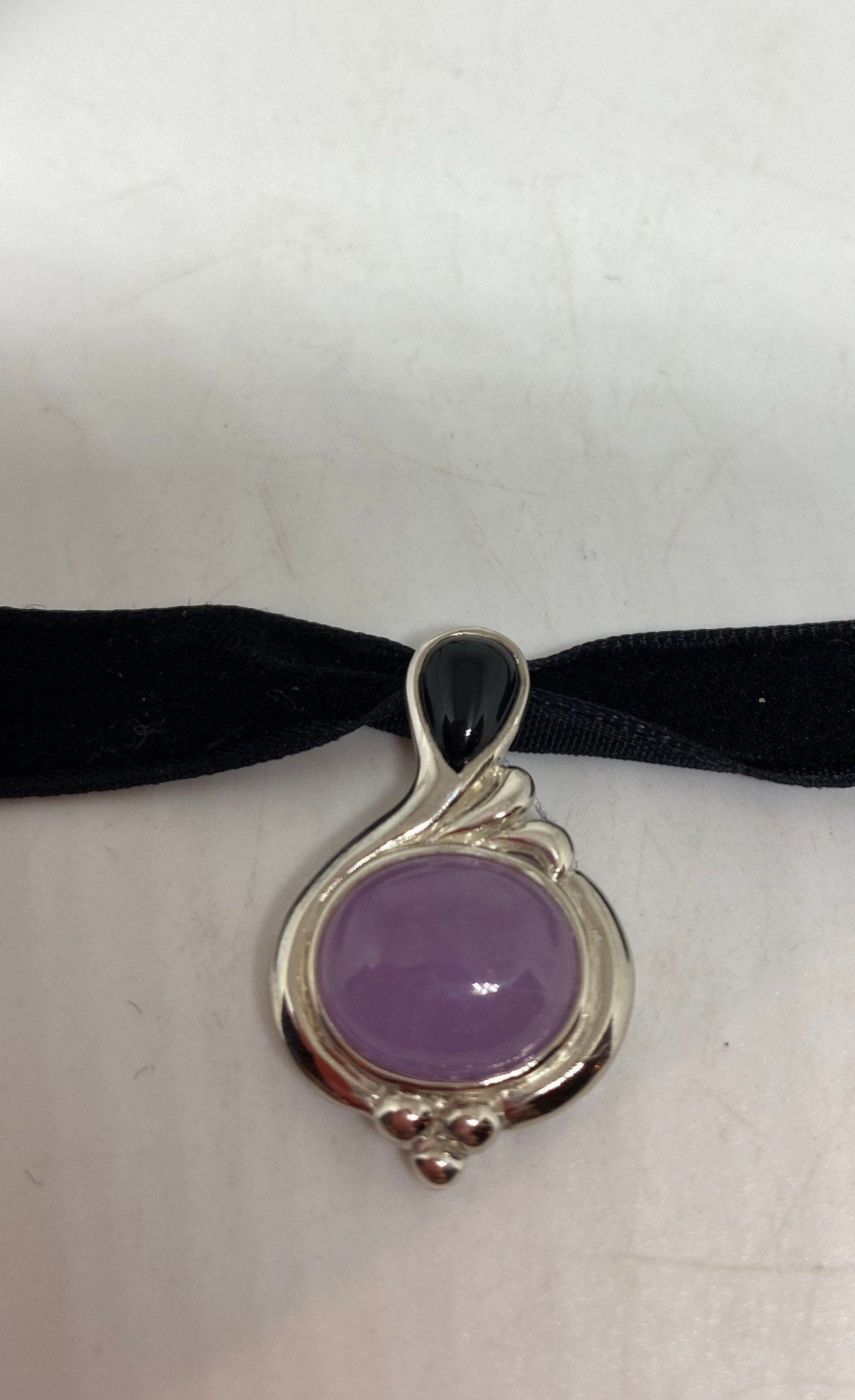 Vintage Purple Jade Choker 925 Sterling Silver Pendant Necklace