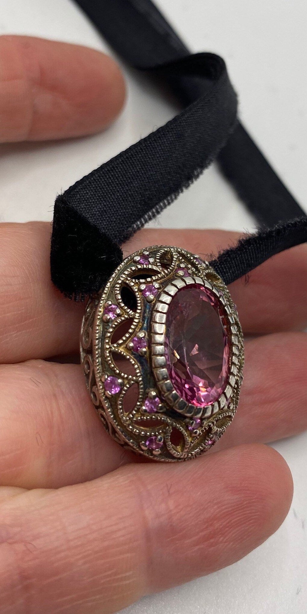 Vintage Pink Topaz and Tourmaline Choker 925 Sterling Silver Antique Pendant Necklace