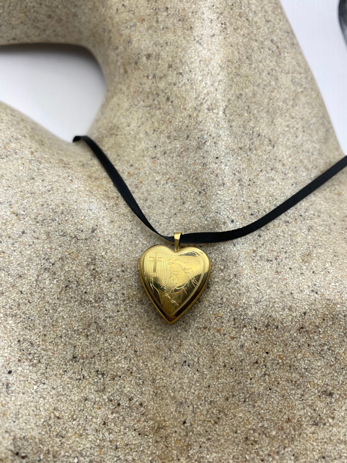 Vintage Gold Filled Heart Locket Choker | Engraved Religious Charm