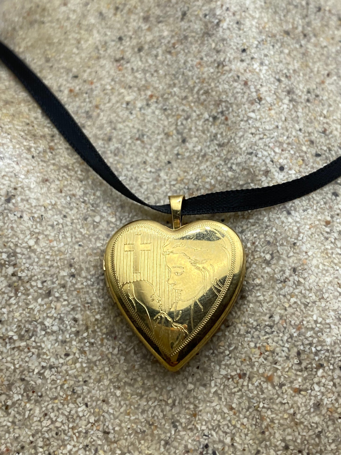 Vintage Gold Filled Heart Locket Choker | Engraved Religious Charm