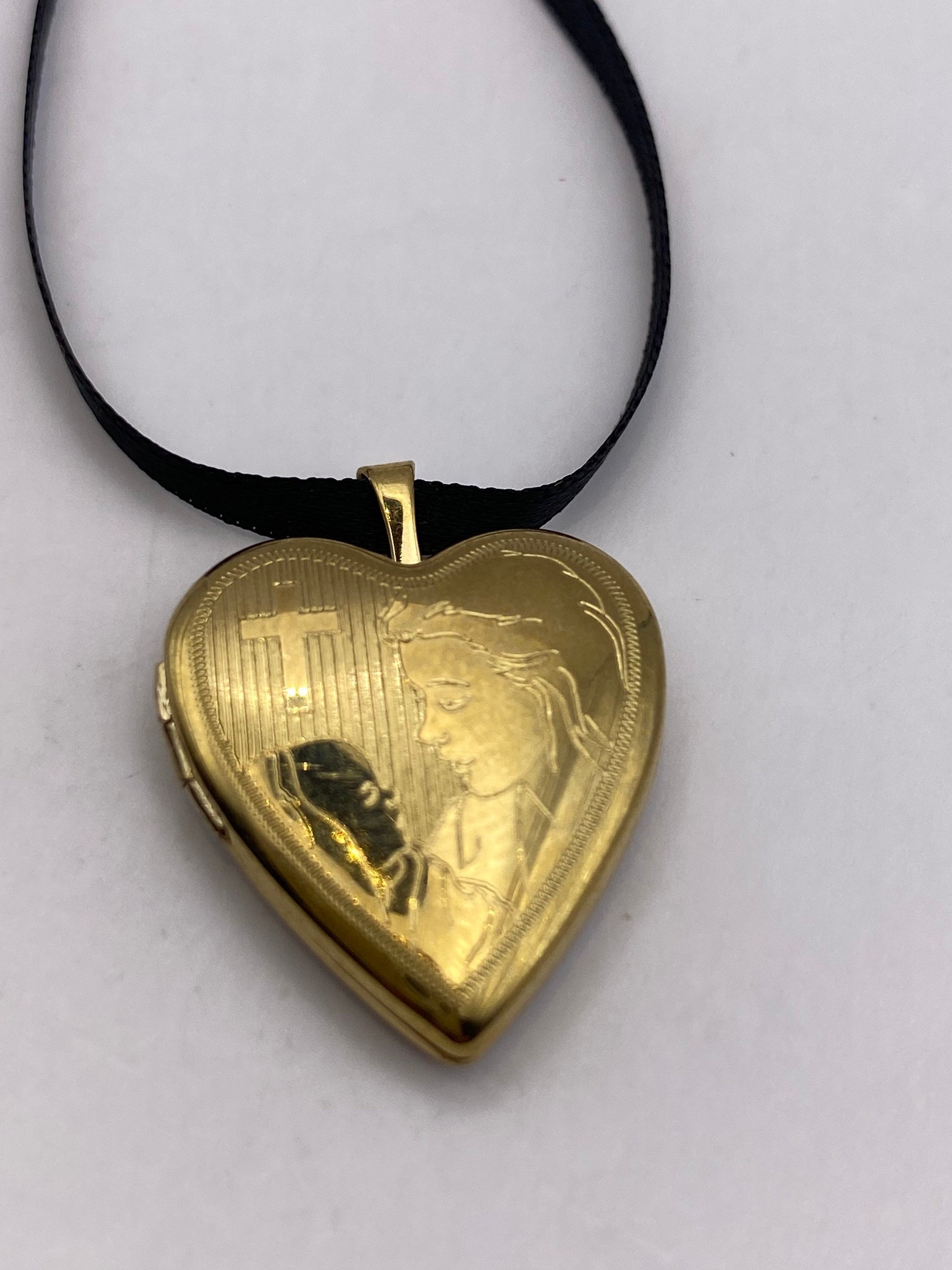 Vintage Gold Filled Heart Locket Choker | Engraved Religious Charm