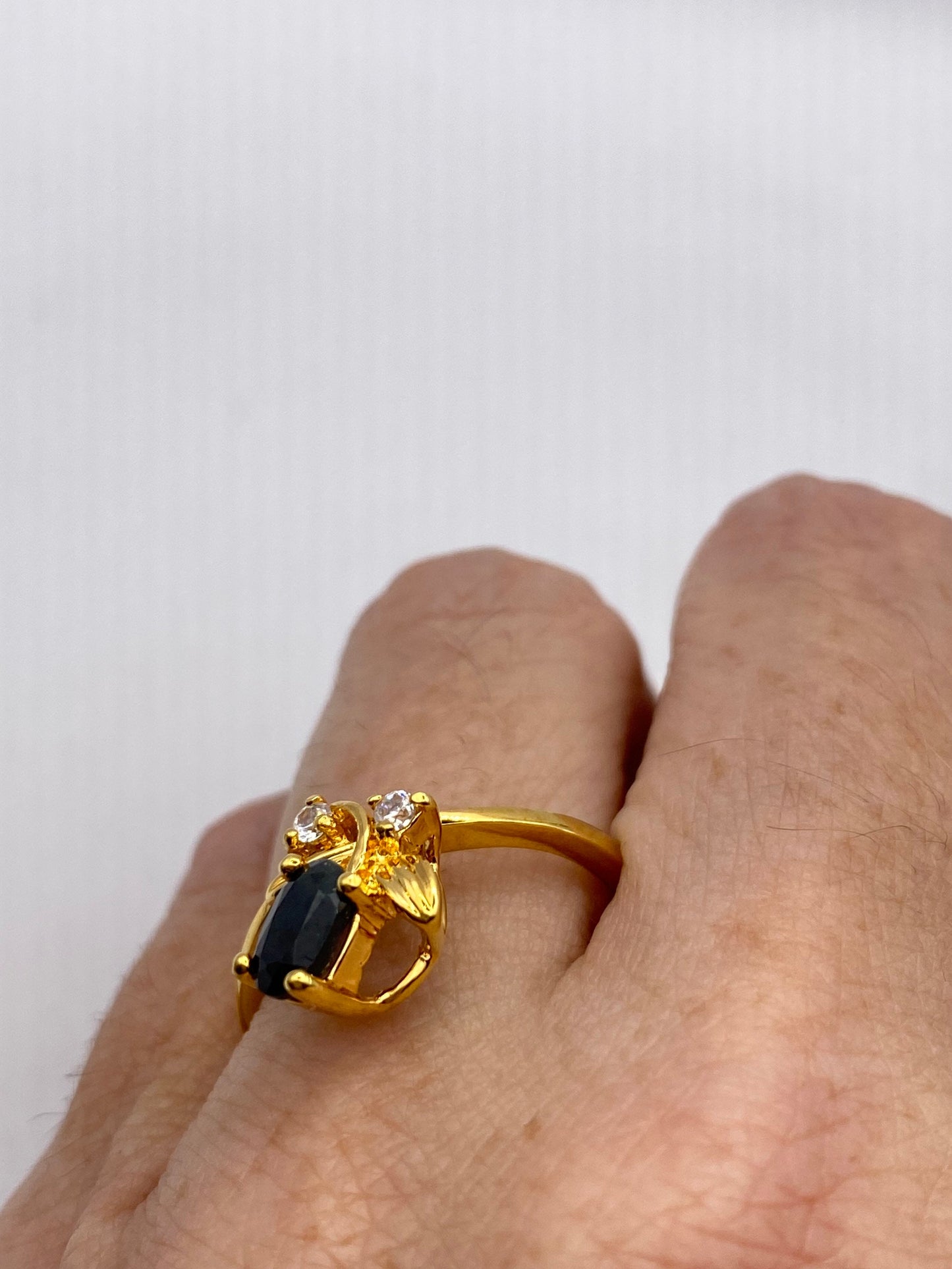 Vintage Blue Sapphire with Diamond Ring Golden 925 Sterling Silver