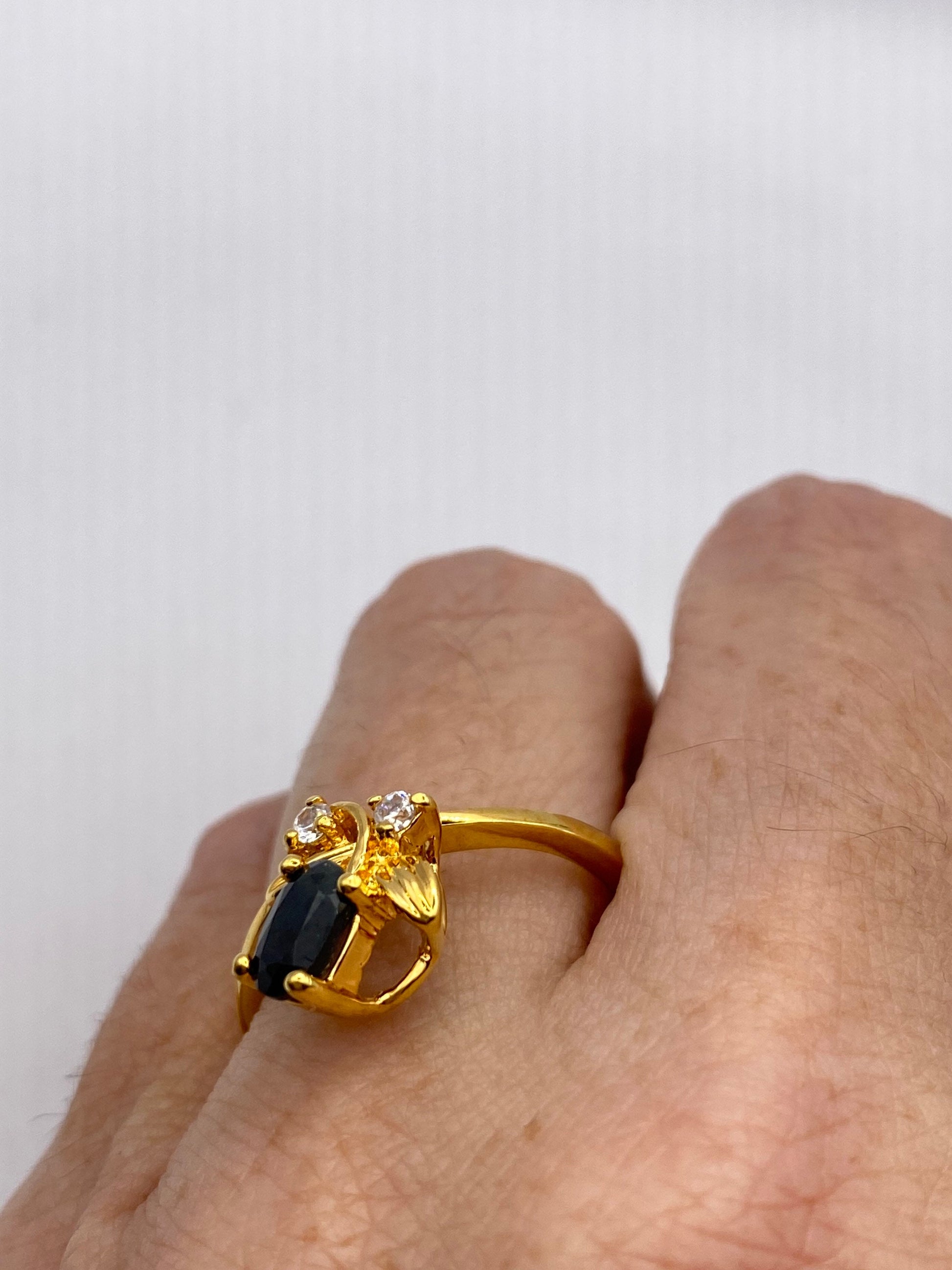 Vintage Blue Sapphire with Diamond Ring Golden 925 Sterling Silver