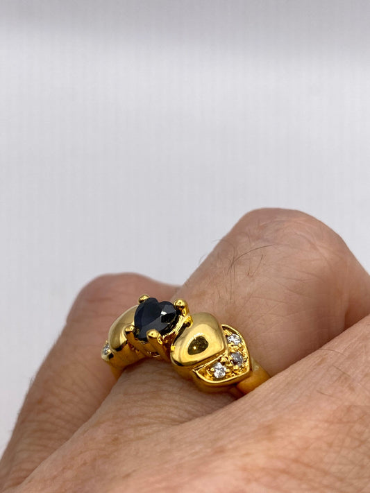 Vintage Blue Sapphire with Diamond Ring Golden 925 Sterling Silver