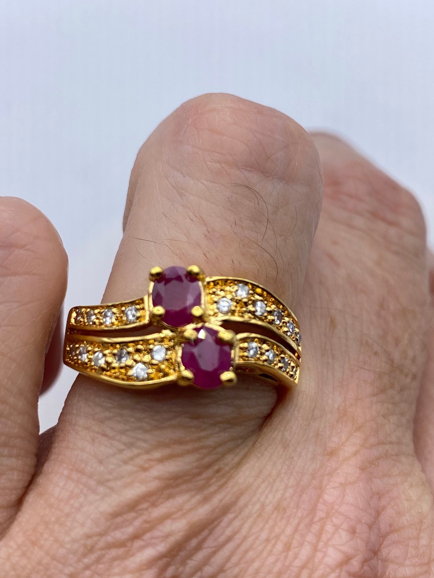 Vintage Red Ruby with Diamond Ring Golden 925 Sterling Silver