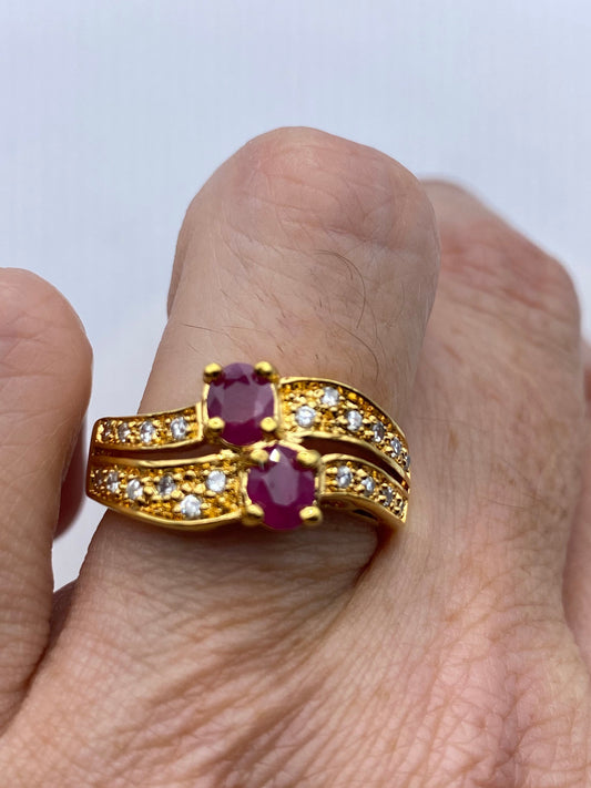 Vintage Red Ruby with Diamond Ring Golden 925 Sterling Silver
