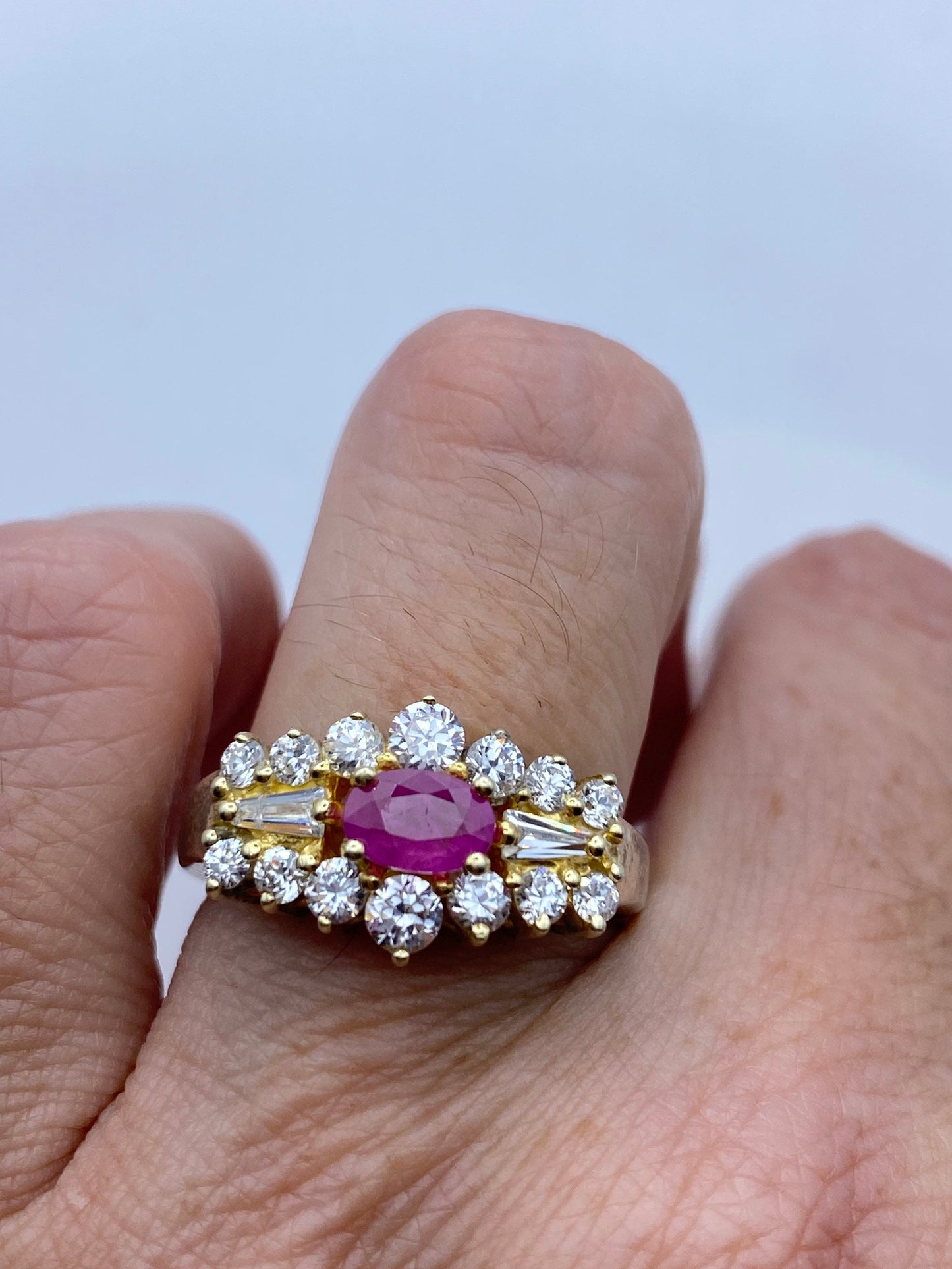 Vintage Red Ruby Ring white sapphire Golden 925 Sterling Silver