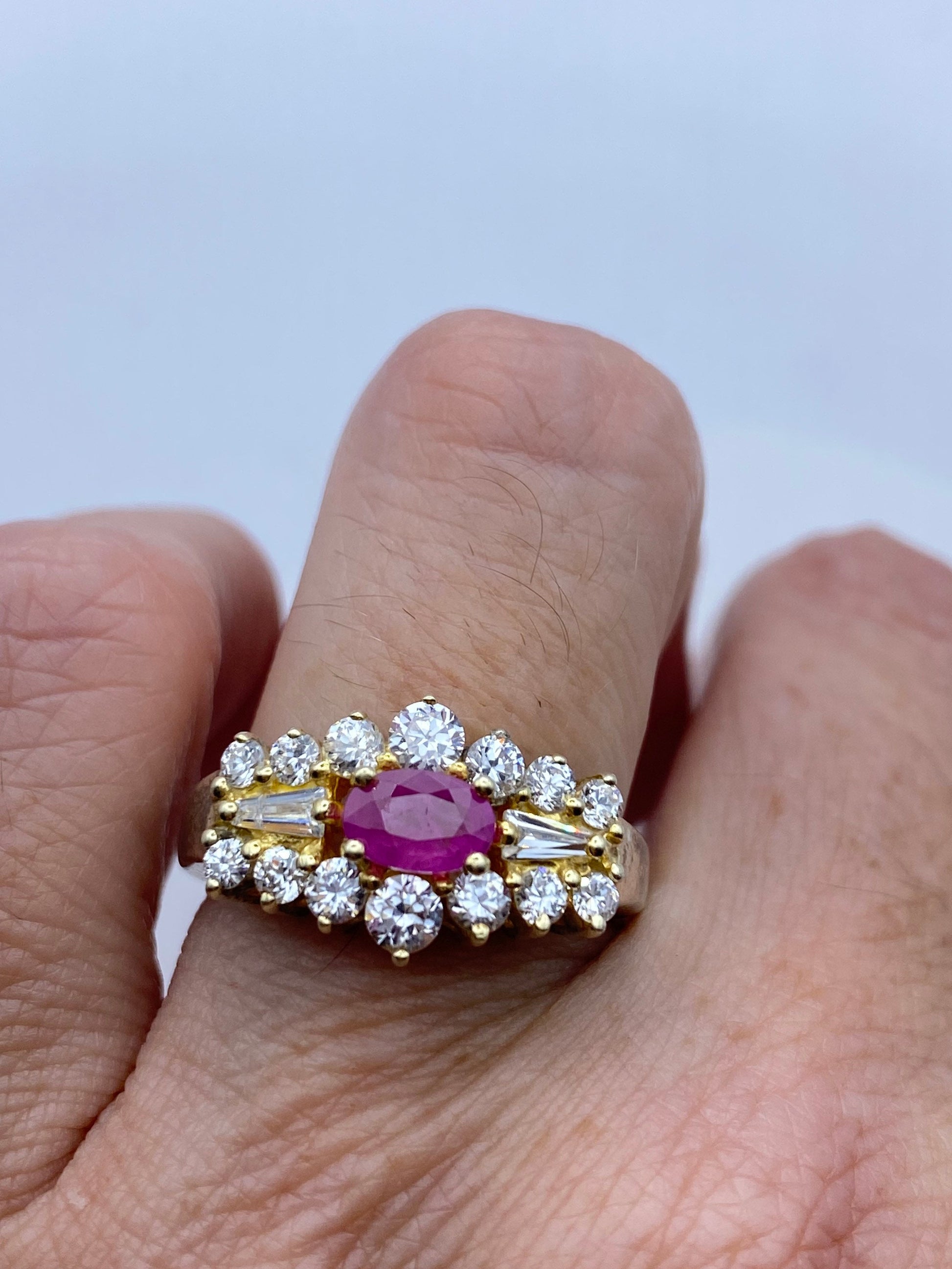 Vintage Red Ruby Ring white sapphire Golden 925 Sterling Silver