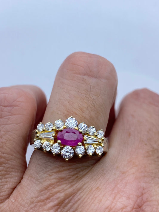 Vintage Red Ruby Ring white sapphire Golden 925 Sterling Silver