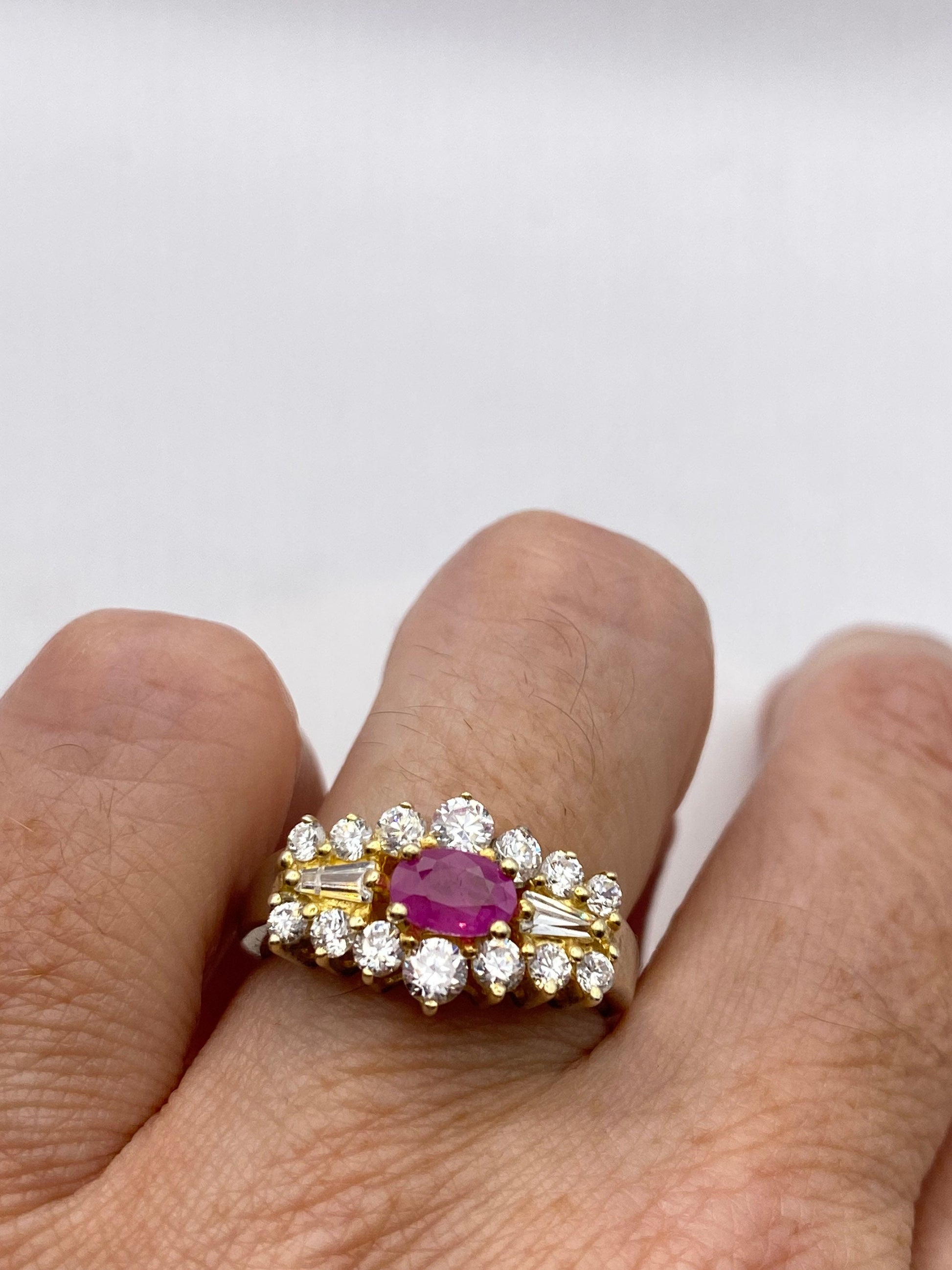 Vintage Red Ruby Ring white sapphire Golden 925 Sterling Silver