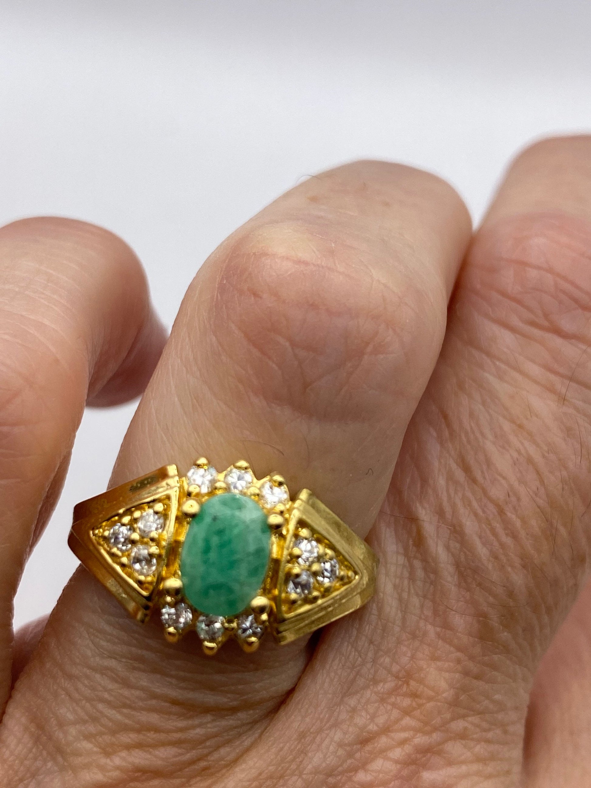 Vintage Green Emerald with Diamond Ring Golden 925 Sterling Silver