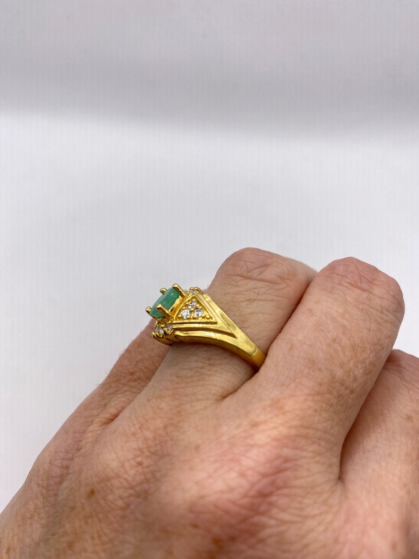 Vintage Green Emerald with Diamond Ring Golden 925 Sterling Silver