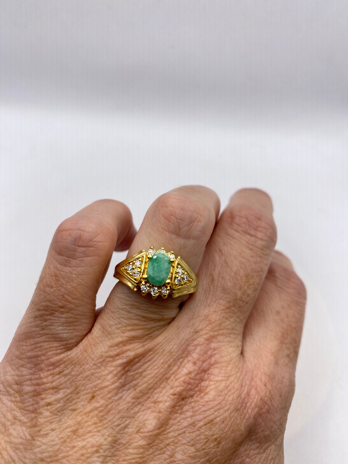 Vintage Green Emerald with Diamond Ring Golden 925 Sterling Silver