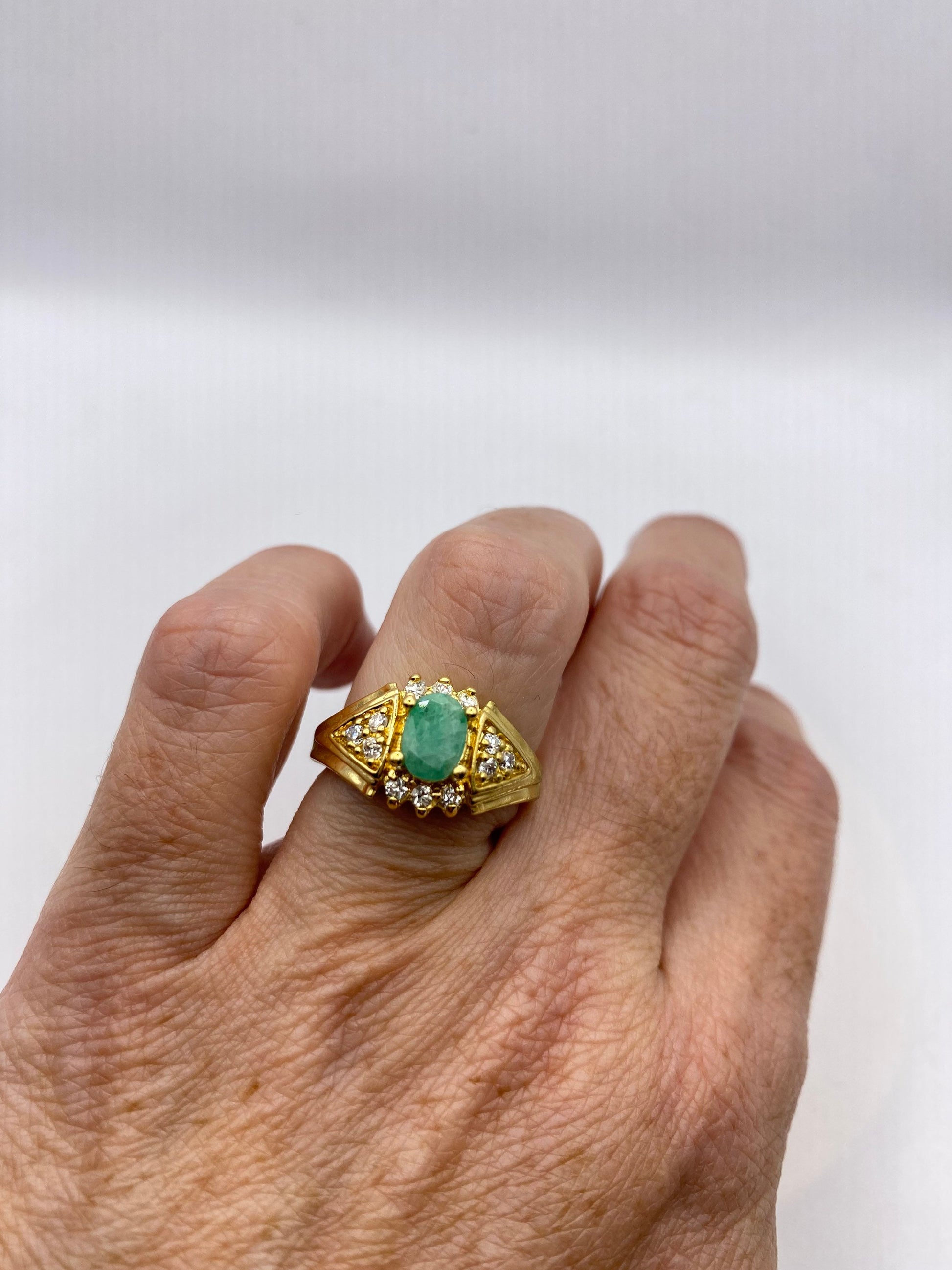 Vintage Green Emerald with Diamond Ring Golden 925 Sterling Silver