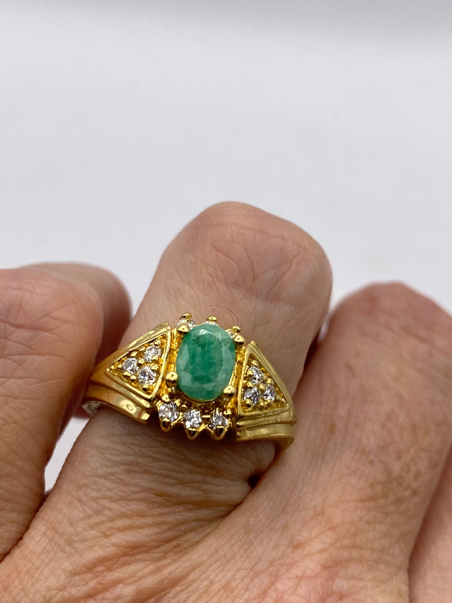 Vintage Green Emerald with Diamond Ring Golden 925 Sterling Silver