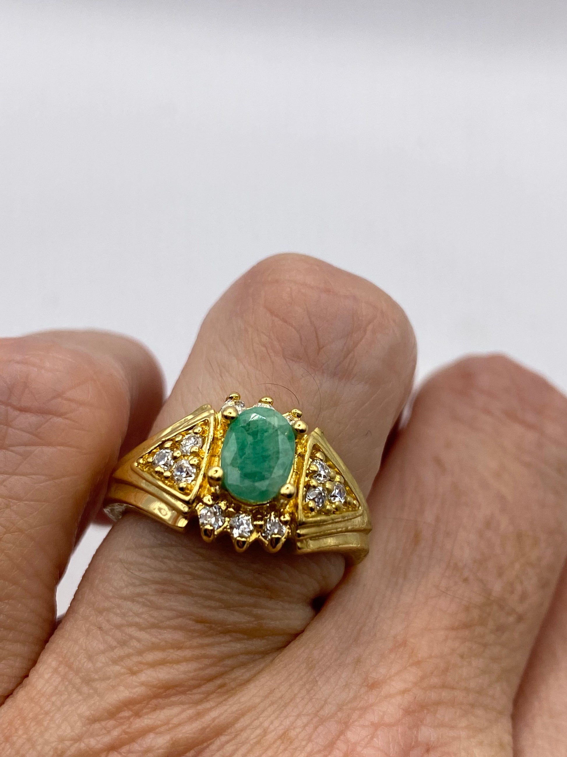Vintage Green Emerald with Diamond Ring Golden 925 Sterling Silver