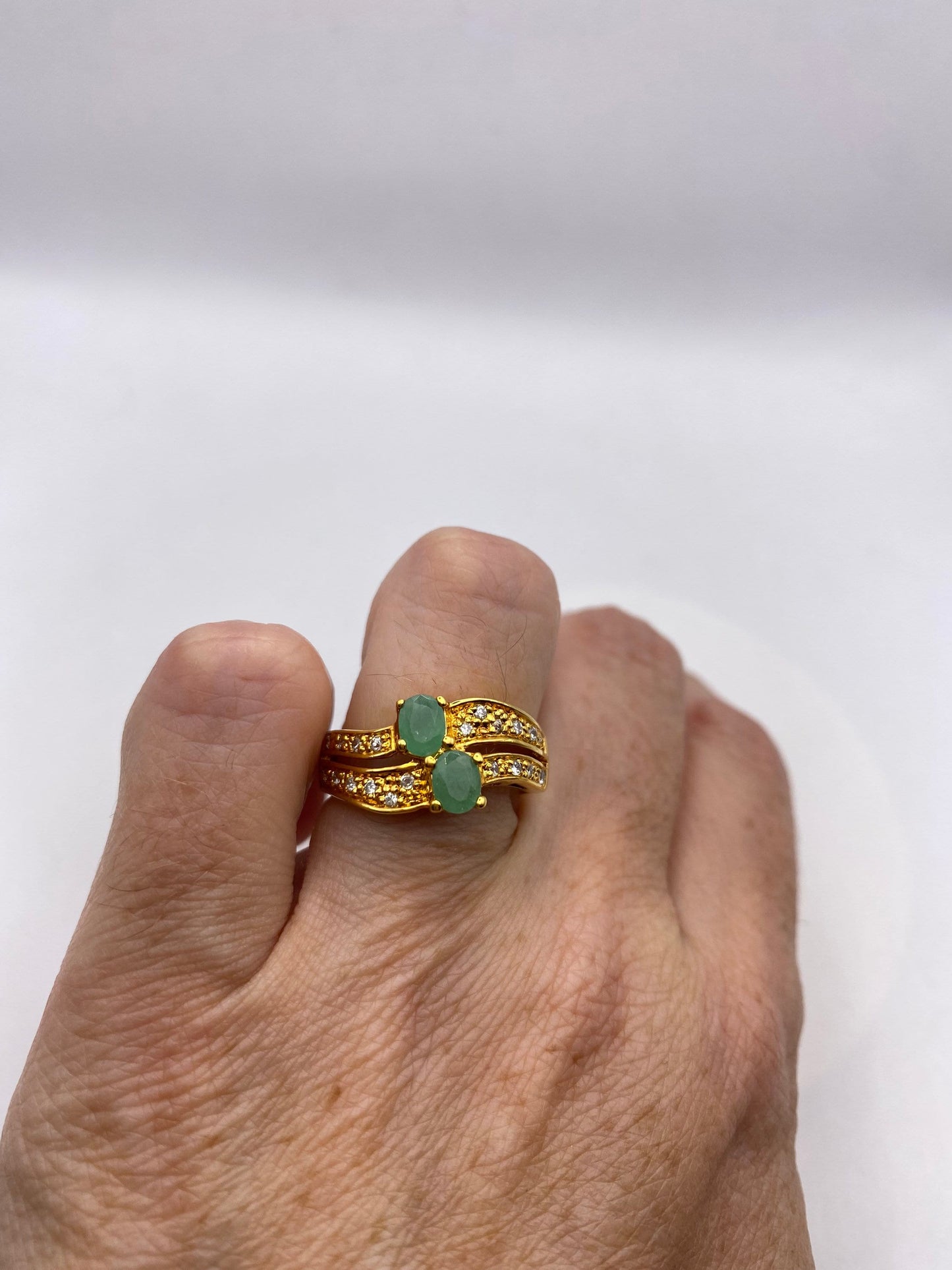 Vintage Green Emerald with Diamond Ring Golden 925 Sterling Silver