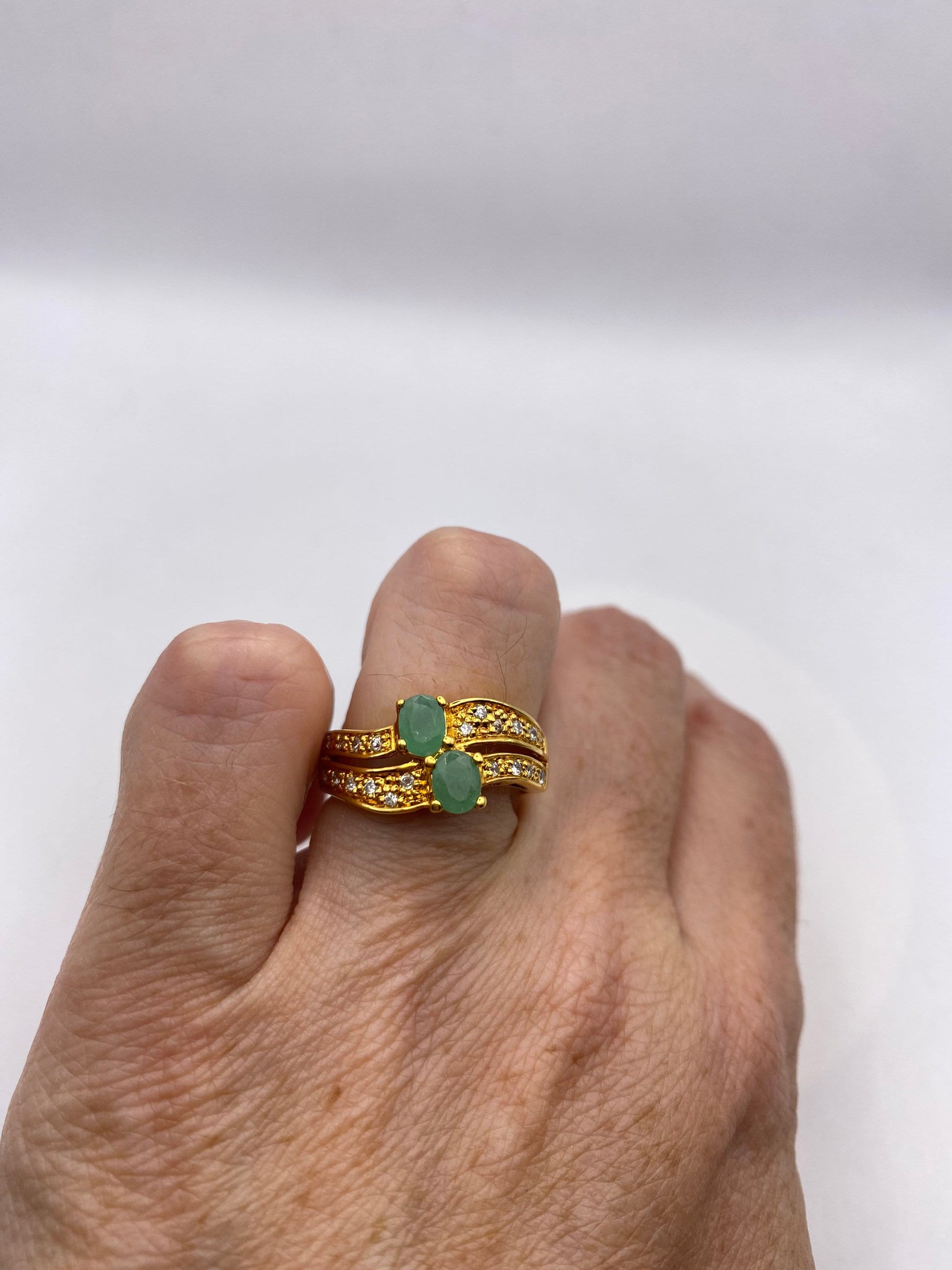 Vintage Green Emerald with Diamond Ring Golden 925 Sterling Silver