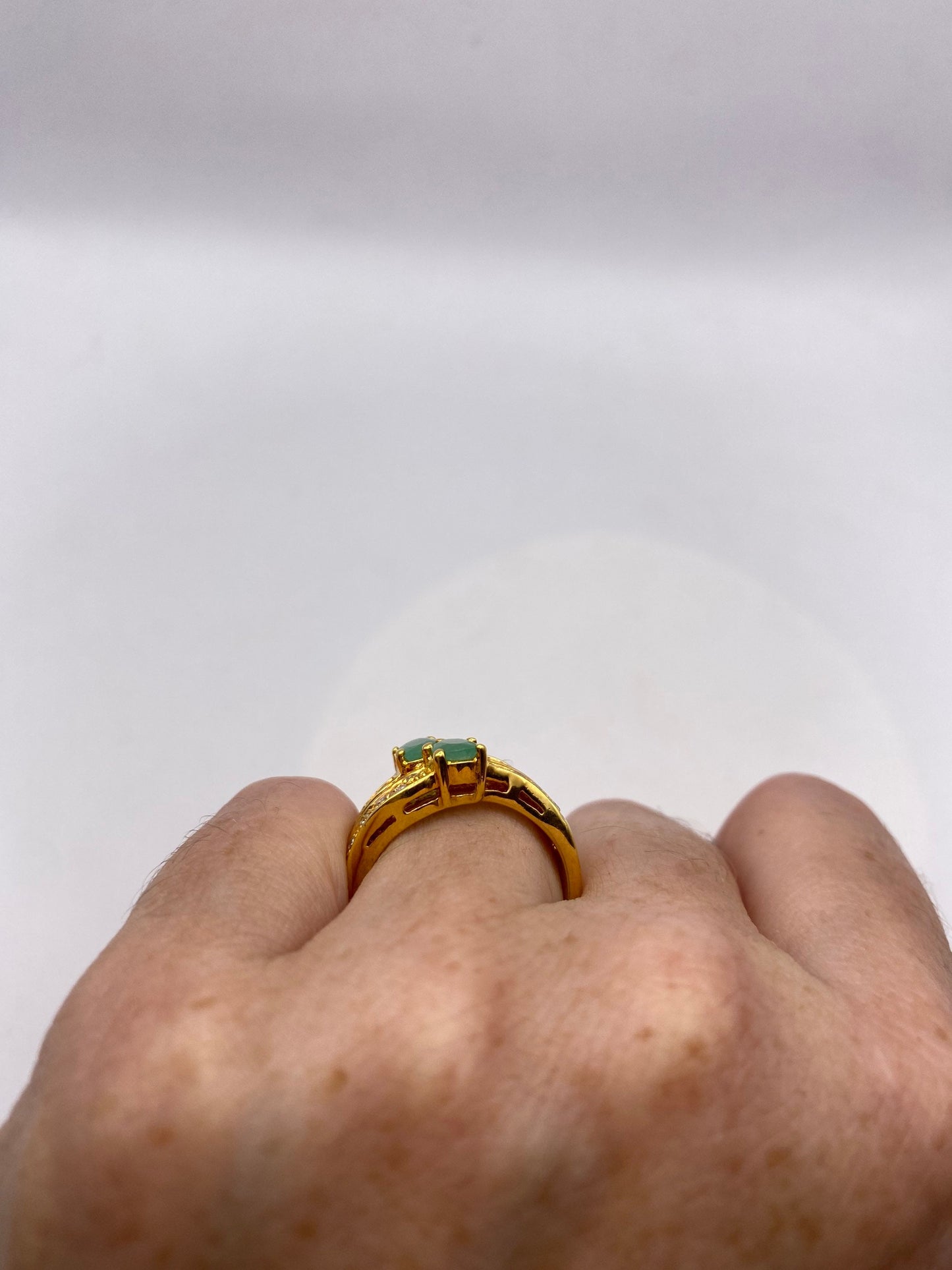 Vintage Green Emerald with Diamond Ring Golden 925 Sterling Silver