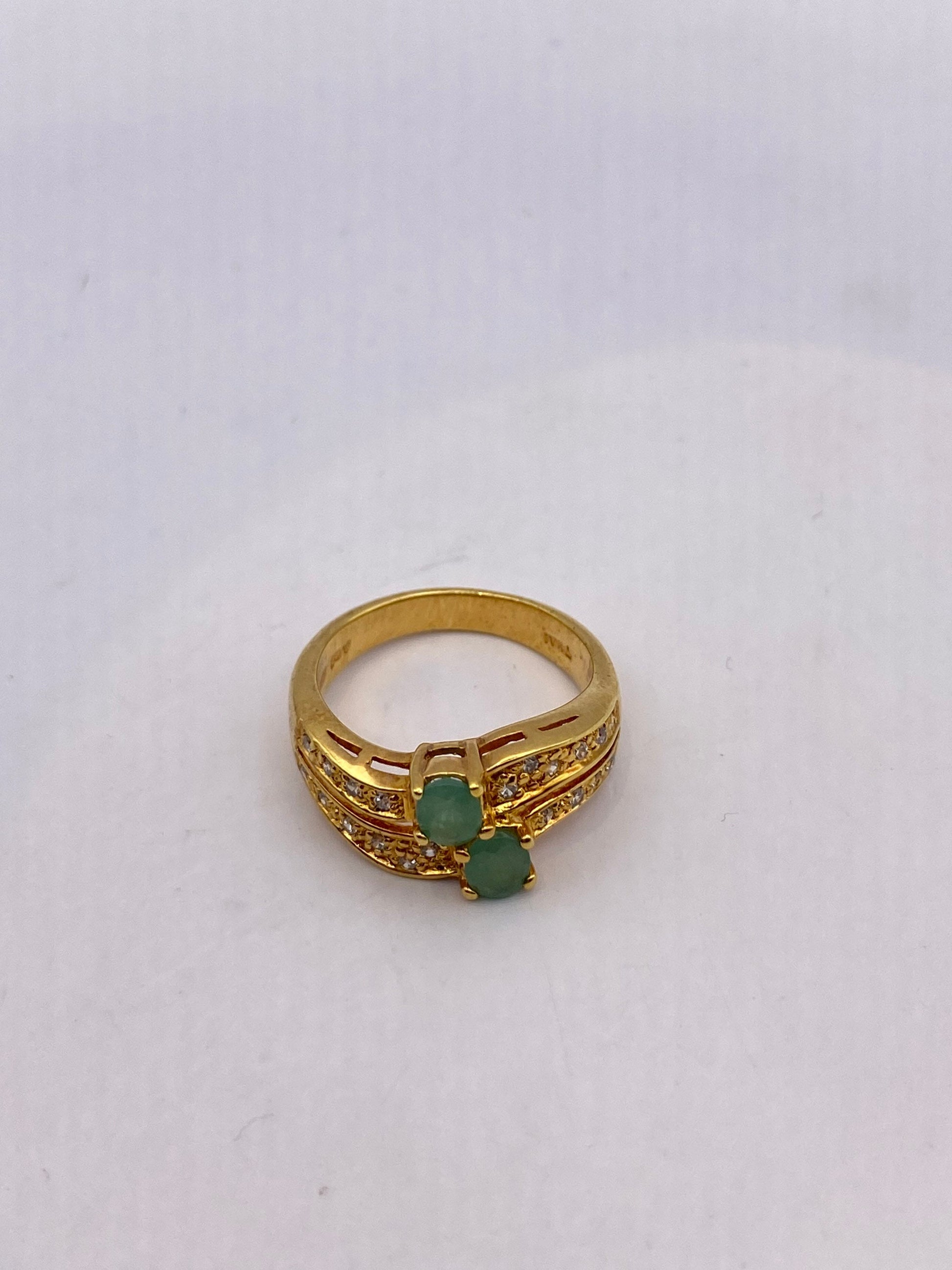 Vintage Green Emerald with Diamond Ring Golden 925 Sterling Silver