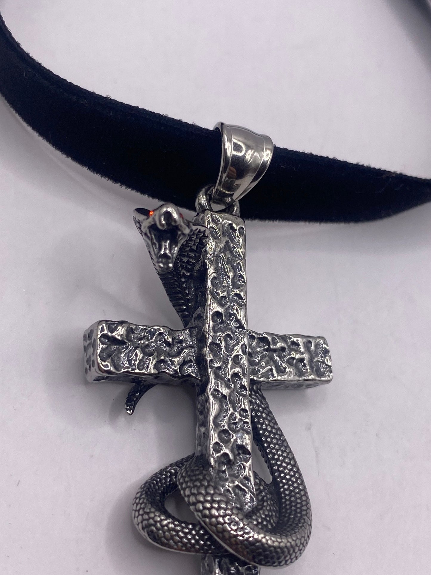 Vintage Stainless Steel Cobra Snake Cross Pendant Necklace