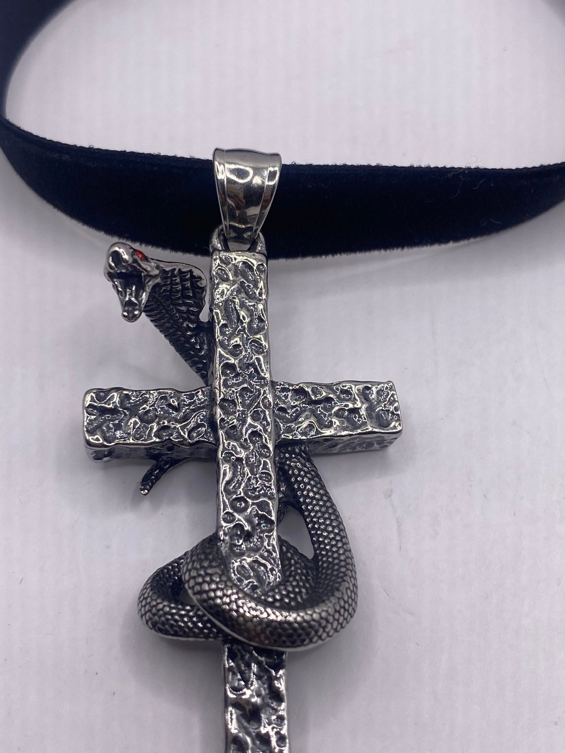 Vintage Stainless Steel Cobra Snake Cross Pendant Necklace