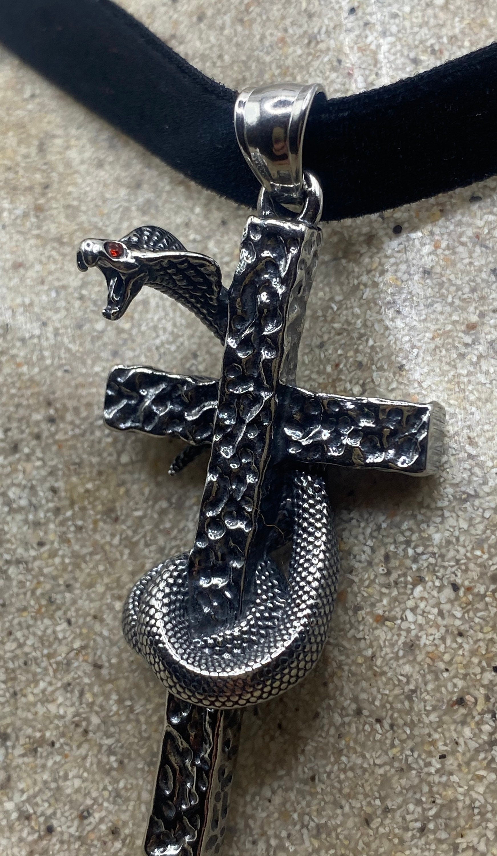 Vintage Stainless Steel Cobra Snake Cross Pendant Necklace