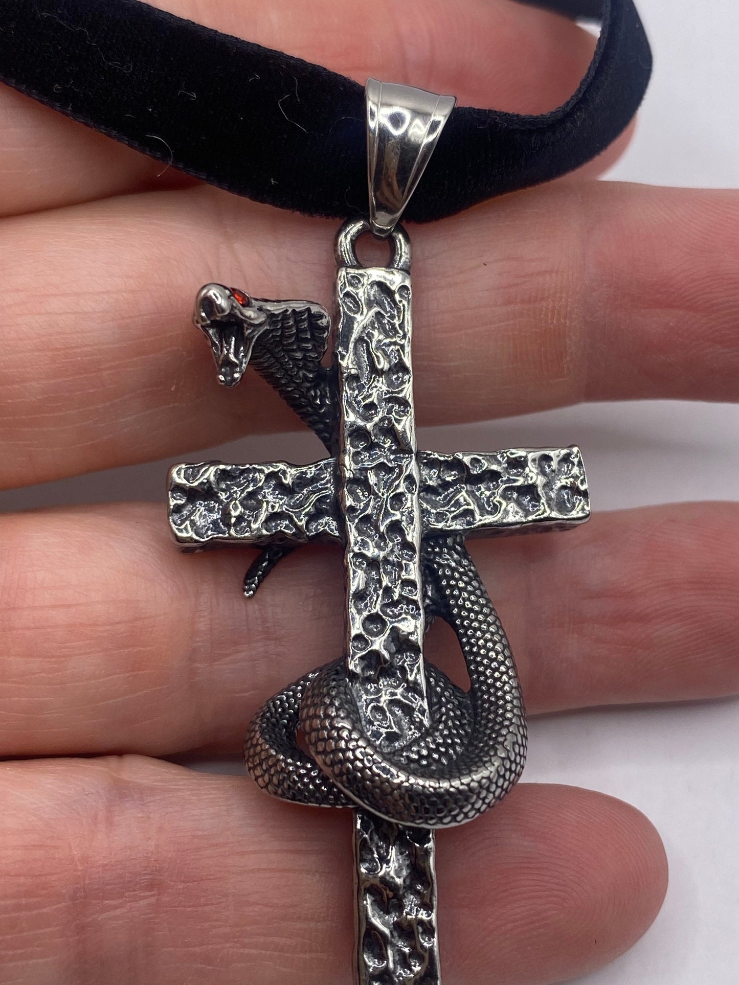 Vintage Stainless Steel Cobra Snake Cross Pendant Necklace