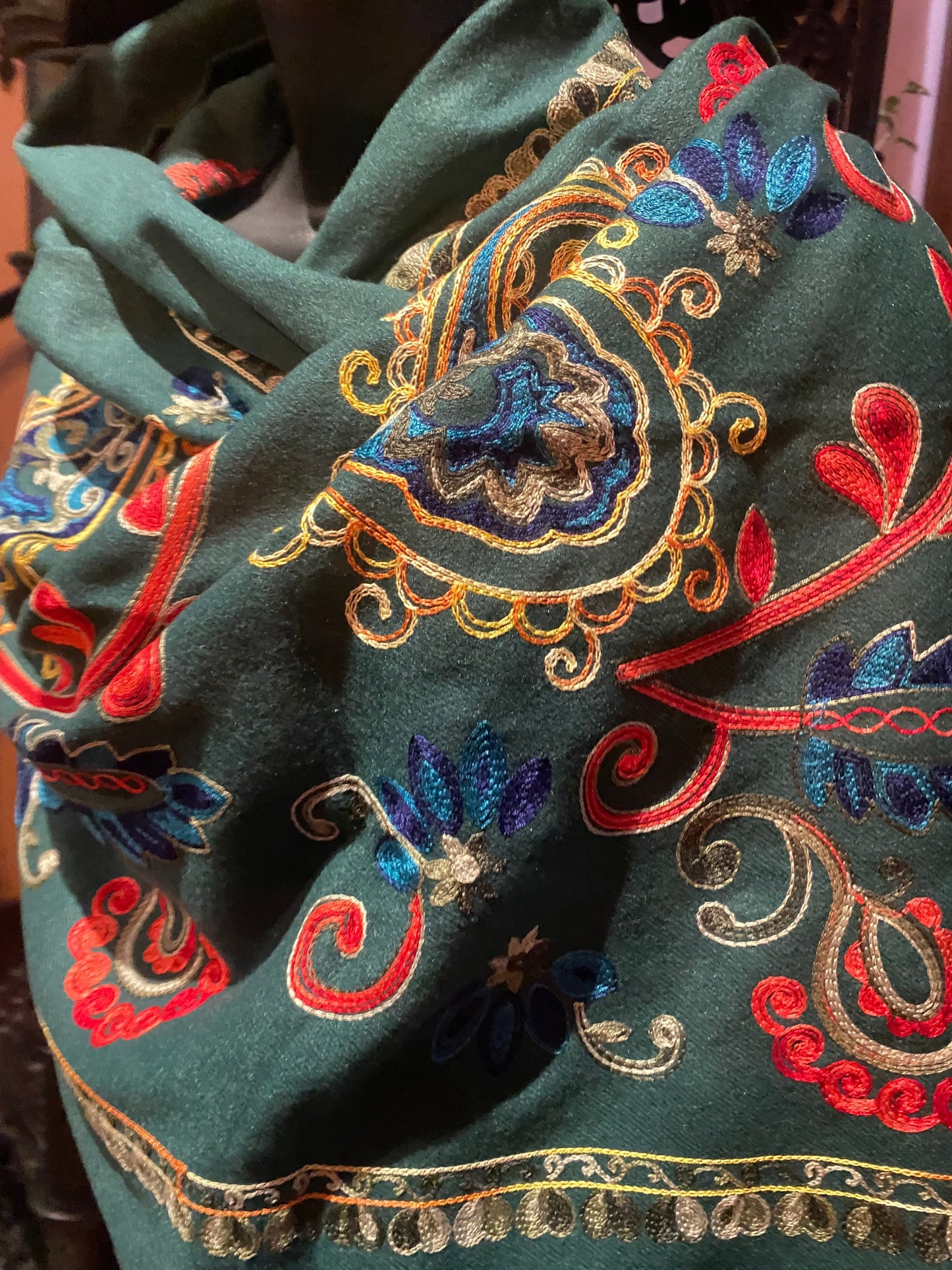 Vintage Forest Green Cashmere Pashmina Scarf Wrap Paisley Embroidered