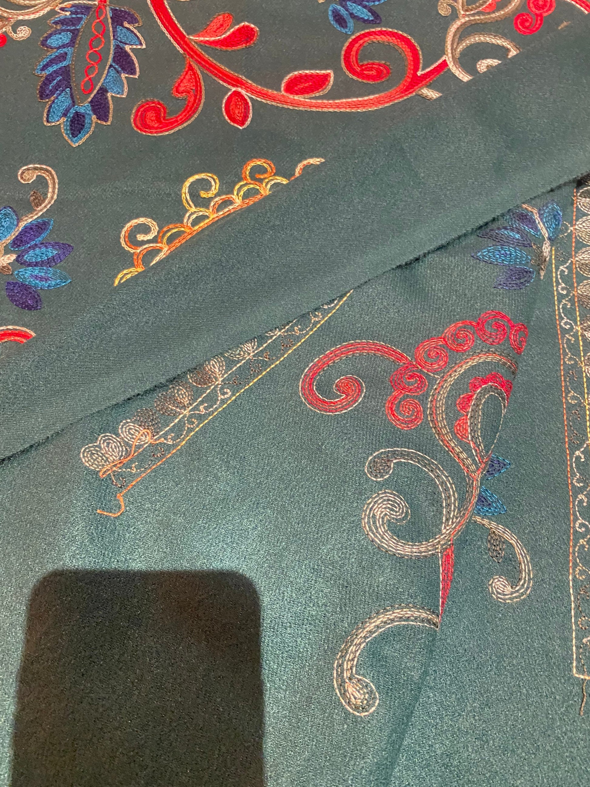 Vintage Forest Green Cashmere Pashmina Scarf Wrap Paisley Embroidered