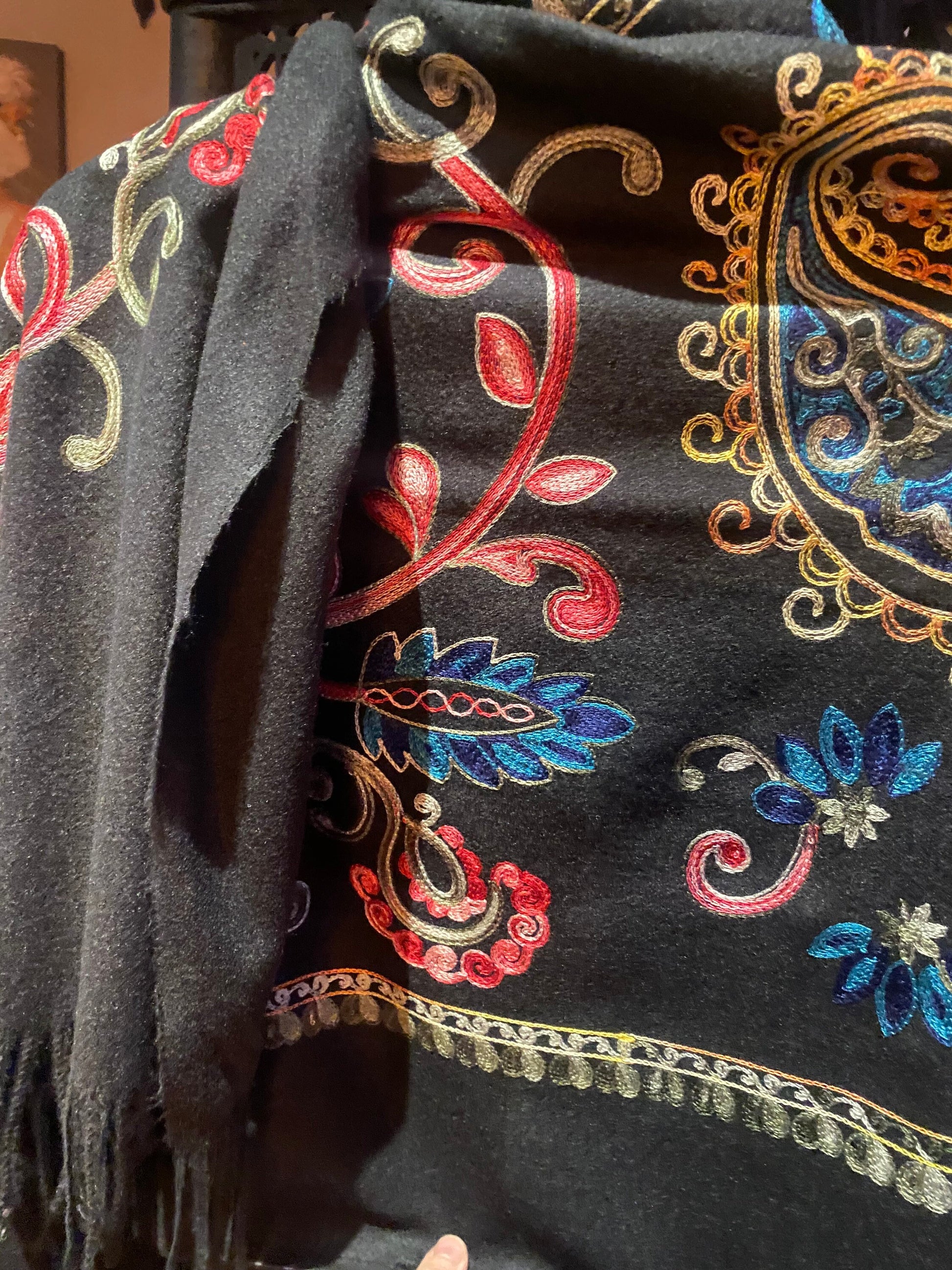 Vintage Black Cashmere Pashmina Scarf Wrap Paisley Embroidered