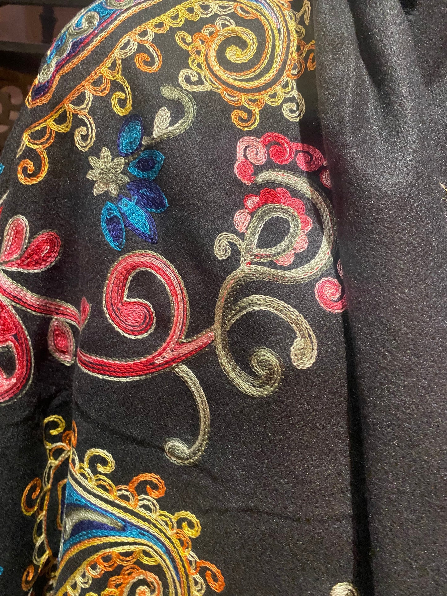 Vintage Black Cashmere Pashmina Scarf Wrap Paisley Embroidered