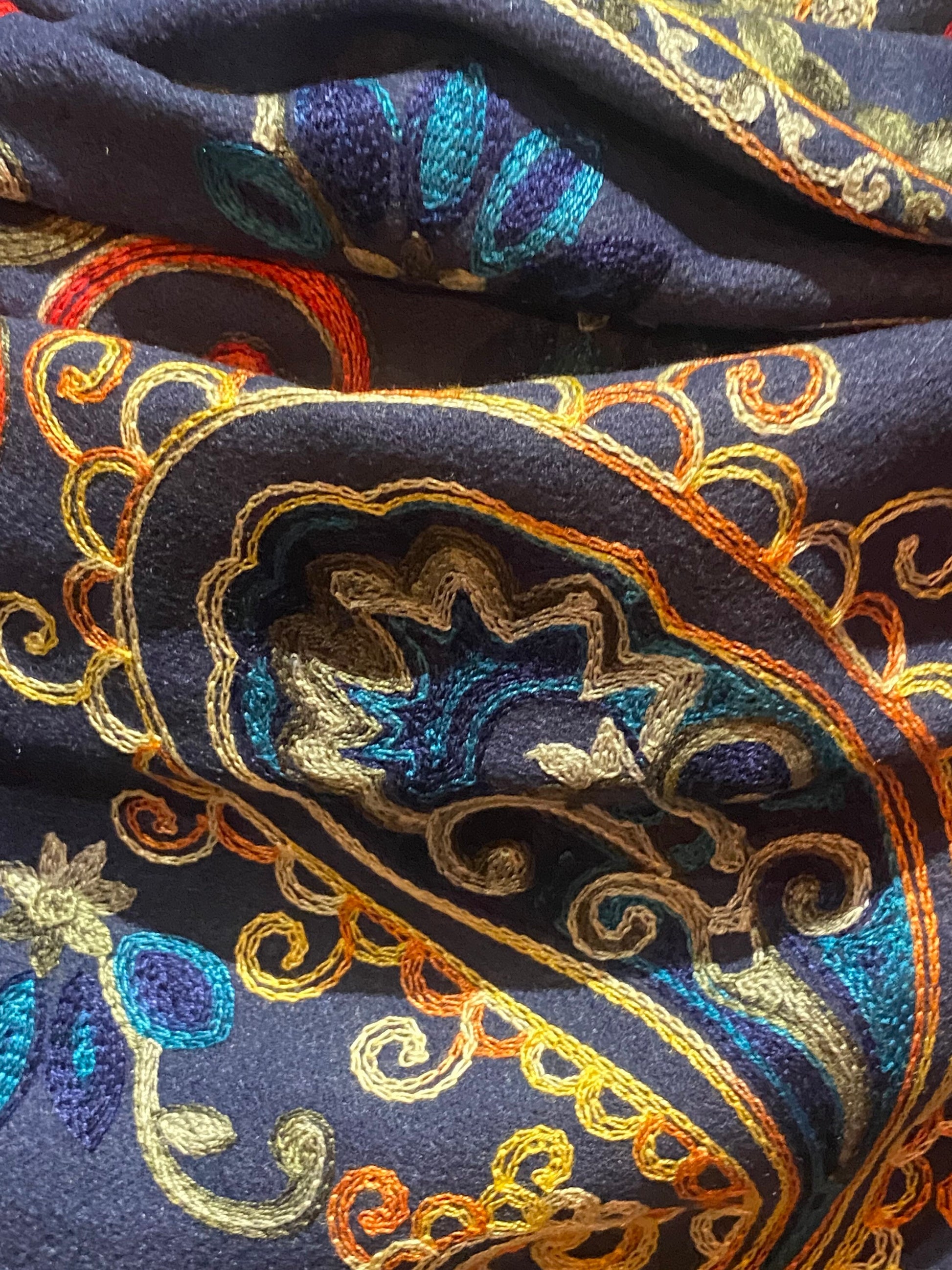 Vintage Navy Blue Cashmere Pashmina Scarf Wrap Paisley Embroidered