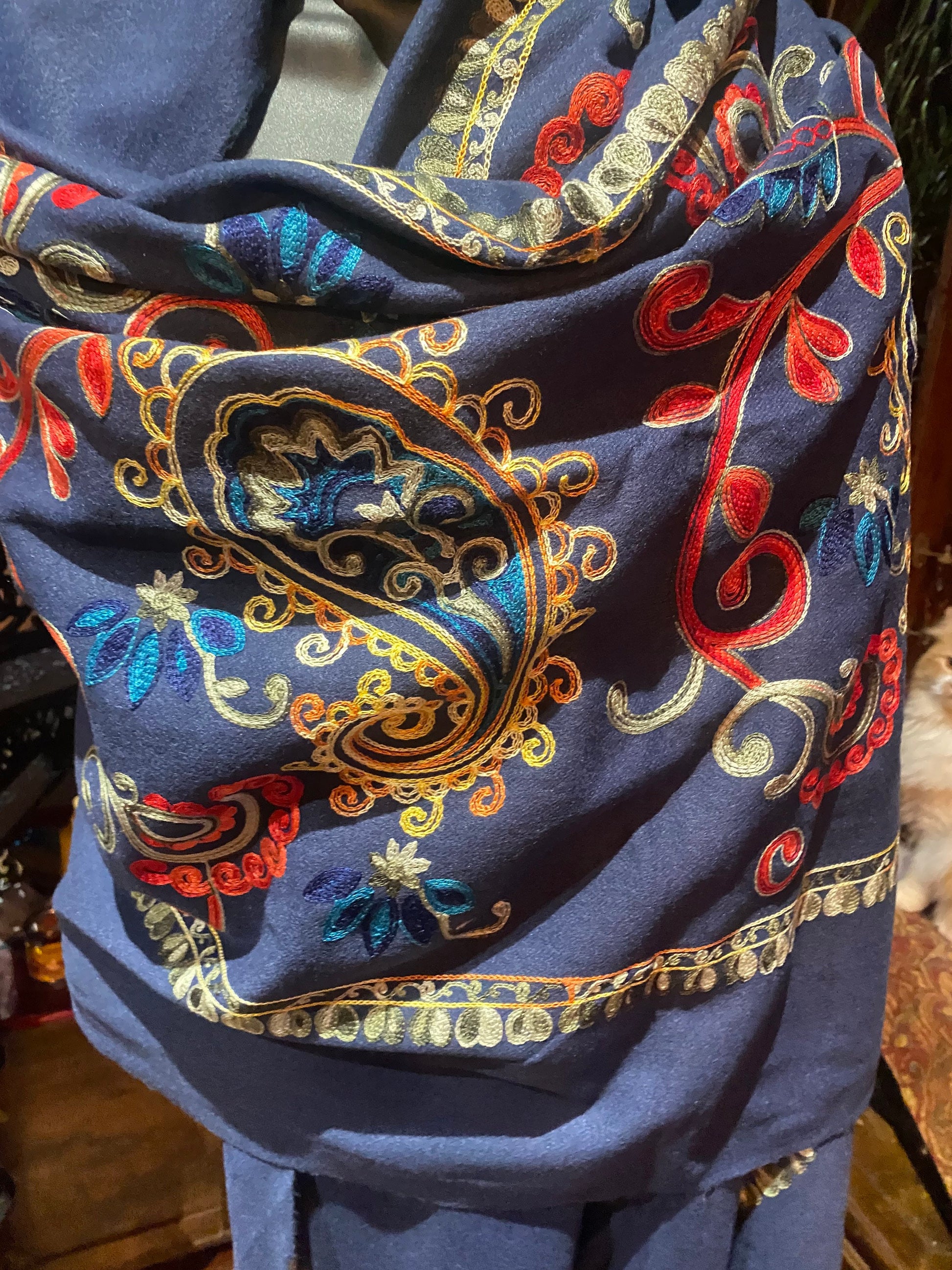 Vintage Navy Blue Cashmere Pashmina Scarf Wrap Paisley Embroidered
