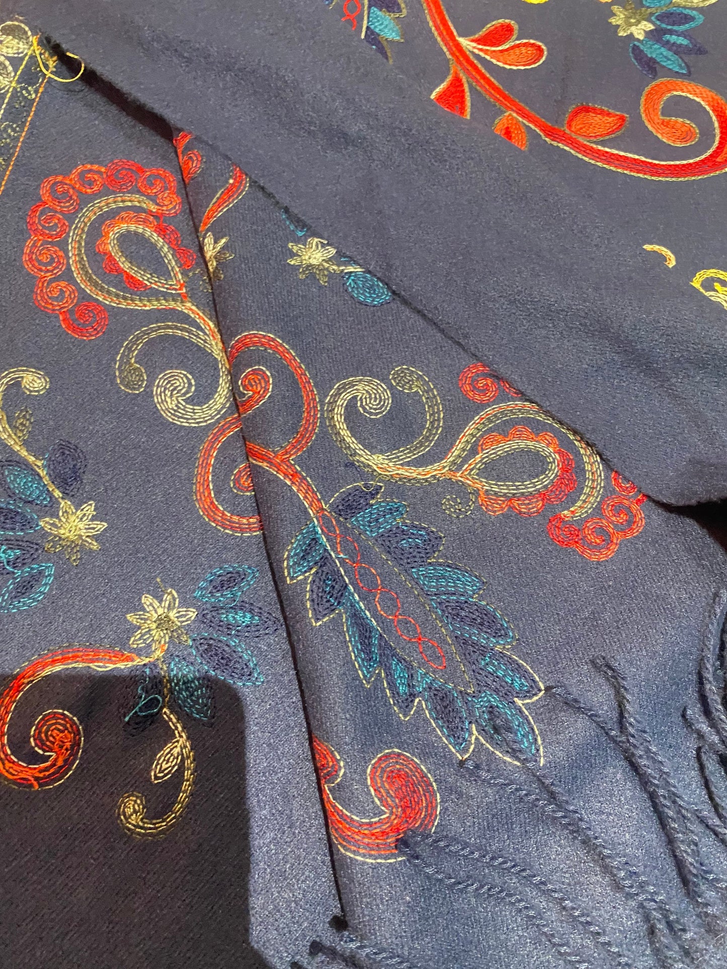 Vintage Navy Blue Cashmere Pashmina Scarf Wrap Paisley Embroidered